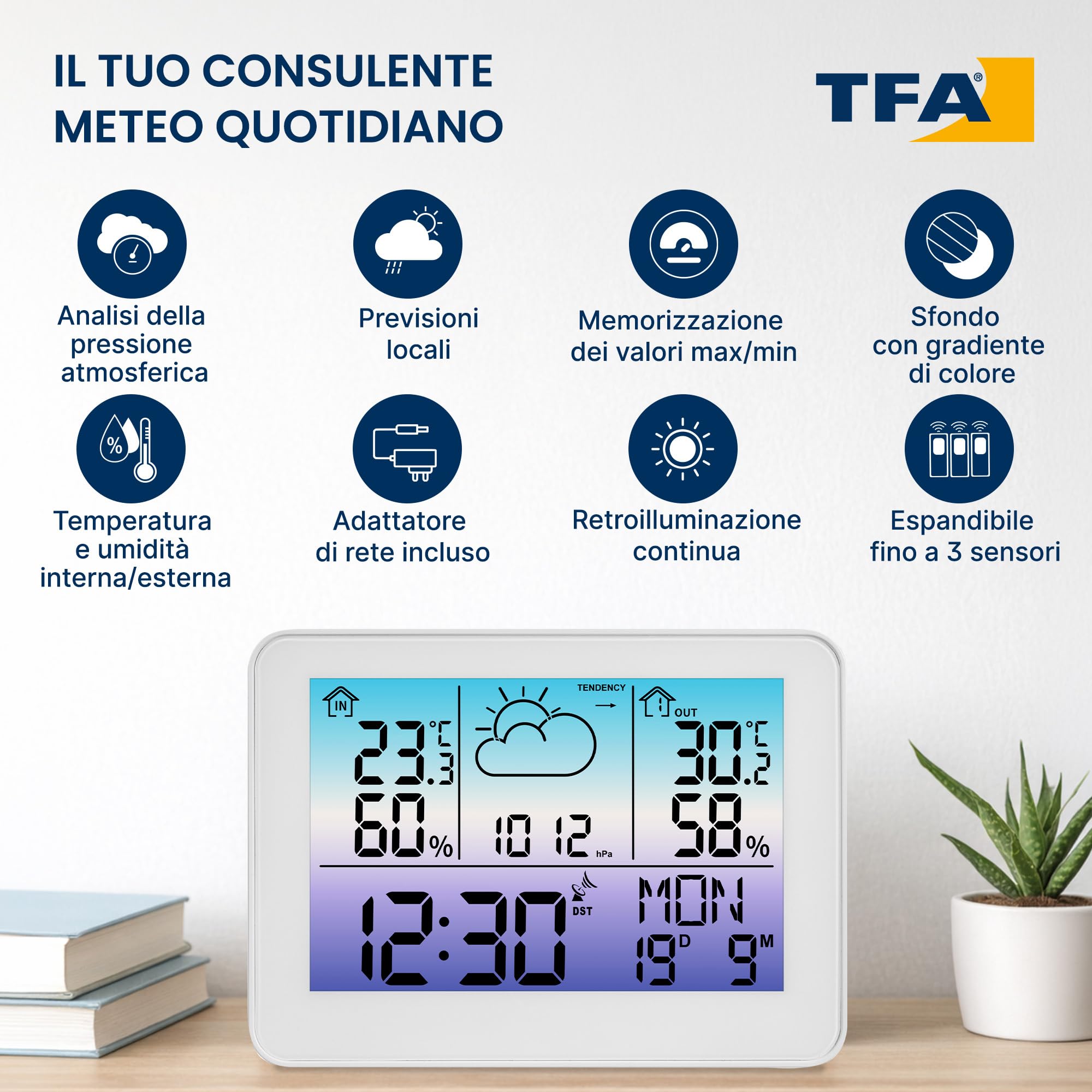 TFA Dostmann stazione meteo con sensore esterno METEO SKY, 35.1175.02, wifi, retroilluminazione colorata, termometro/umidità interna ed esterna, previsioni meteo con simboli, digitale, bianco