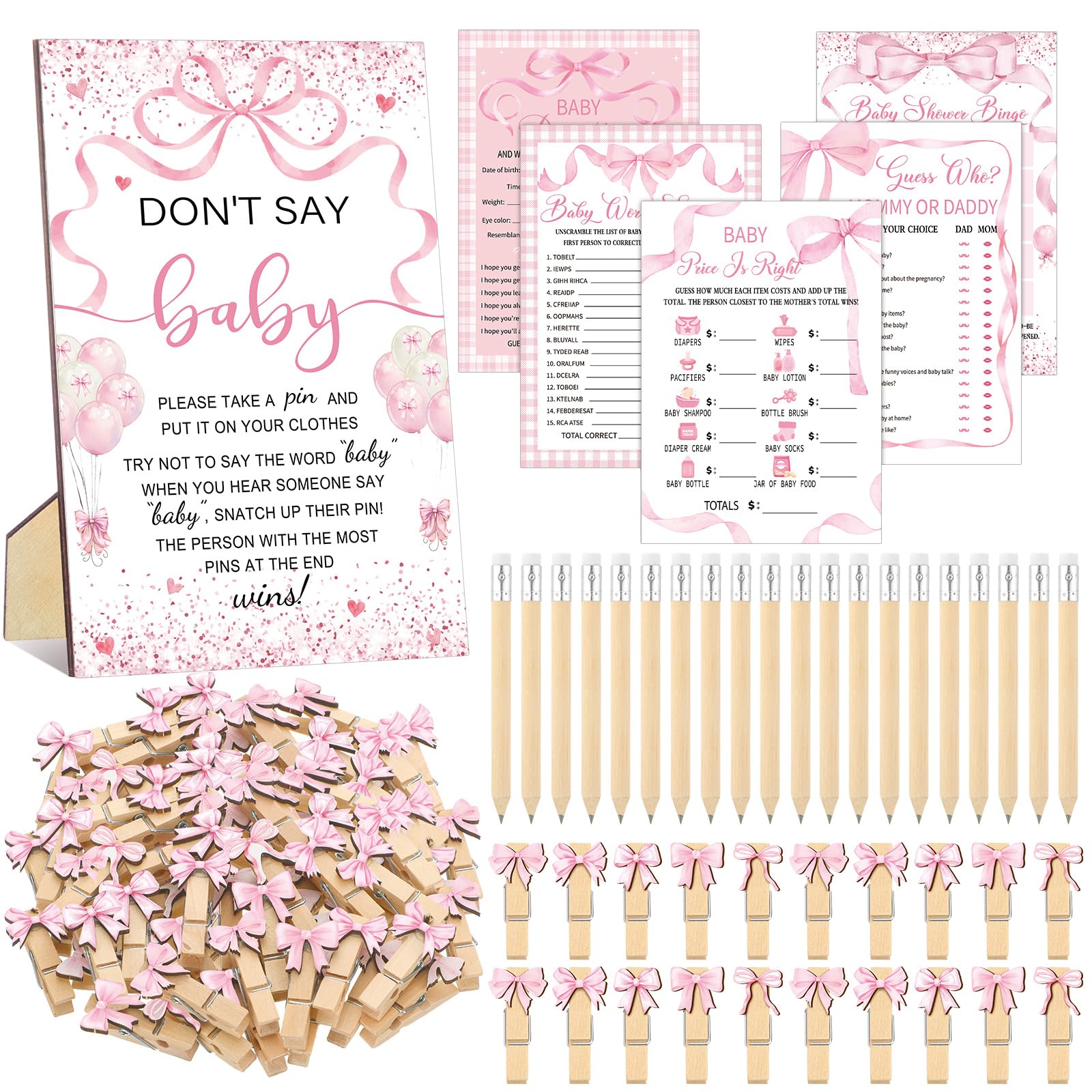 Patelai 321 Pcs Pink Bow Baby Shower Decorations Games Supplies, 50 Guests