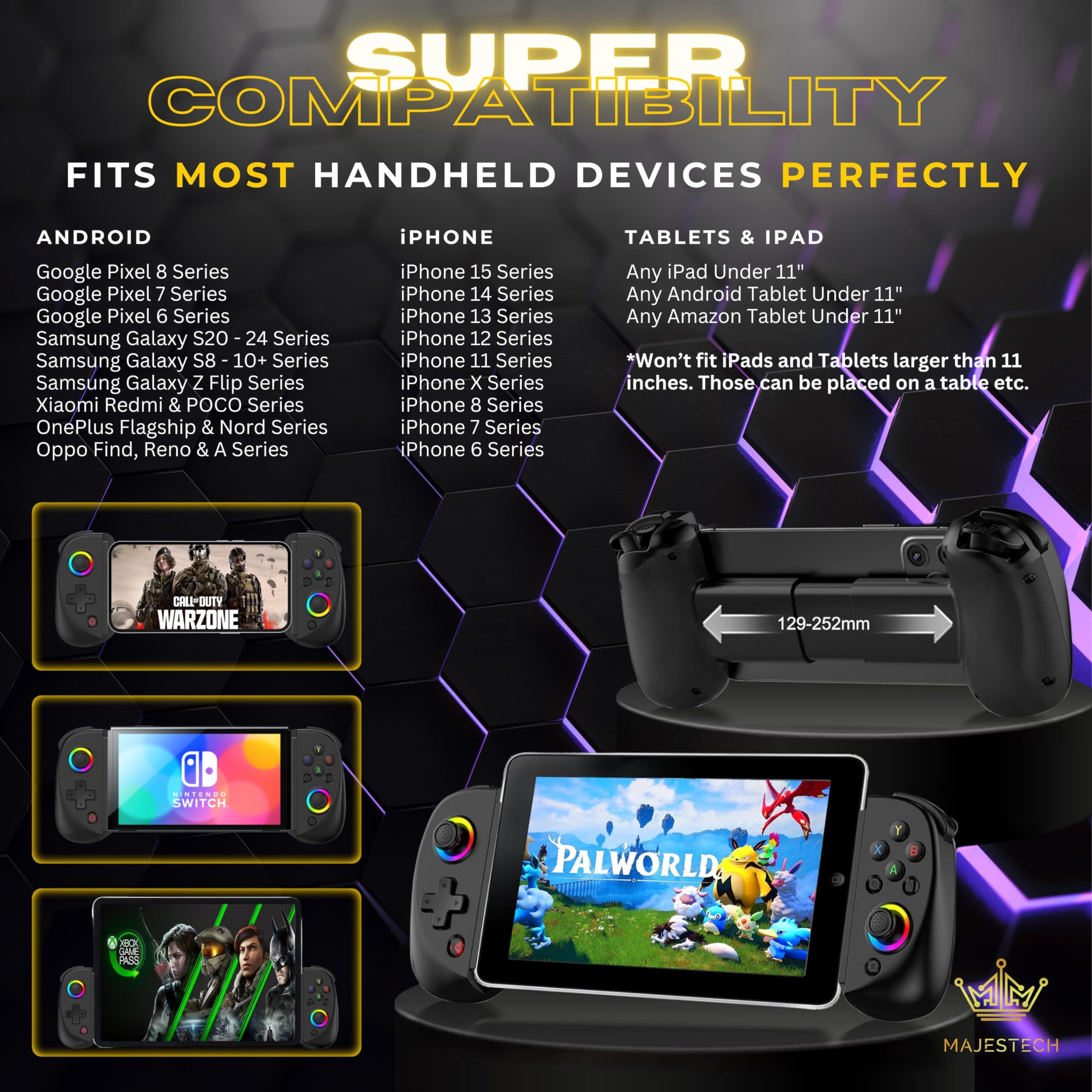 MAJESTECH NEW D8 Mobile Gaming Controller for iPhone/Android/iPad/Tablet, Play Xbox Cloud, Playstation Remote Play, Steam/PC, Switch! RGB Hall Joystick/Trigger Wireless Bluetooth Phone Game Controller