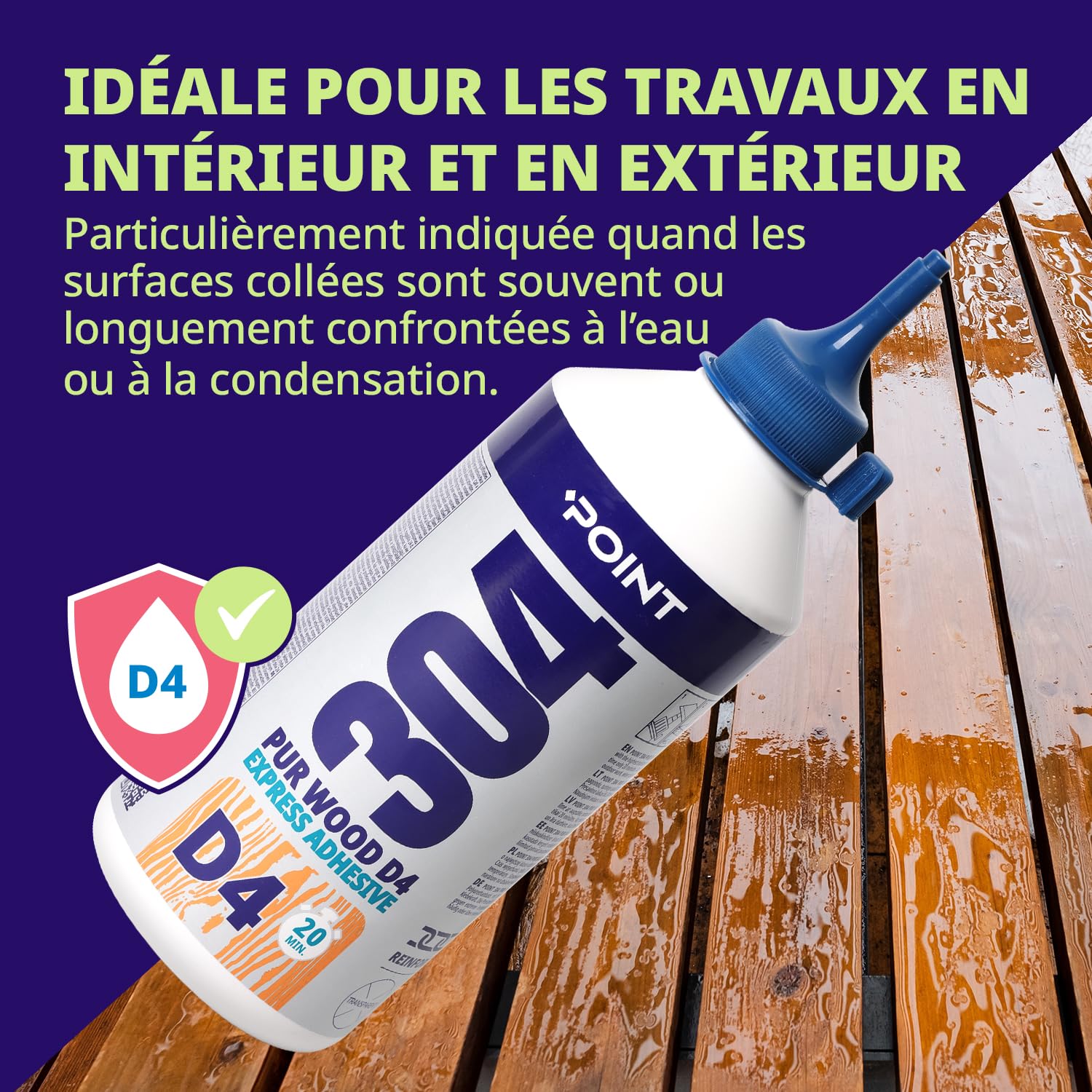 POINT Colle à Bois d’Extérieur et d’Intérieur Anti-Humidité D4 – Colle PU 750 g – Extra Forte pour Meubles et Constructions en Bois – Matériel de Bricolage