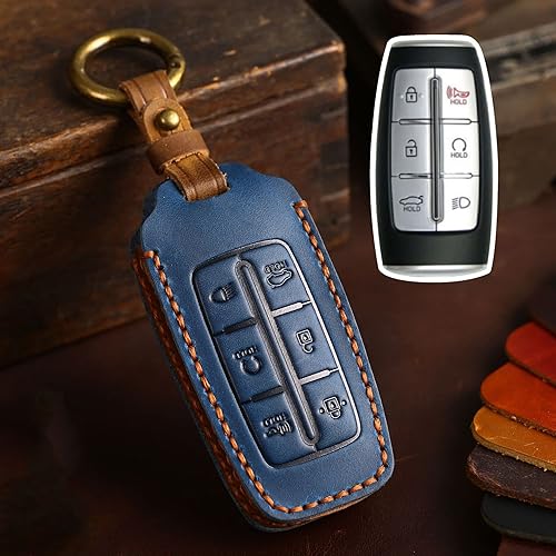 Miniatura 3 de Hontumax Funda de cuero genuino para llavero inteligente de 6 botones para Genesis G70 G80 GV70 GV80 2021 2022 2023 2024 Protector de llavero remoto