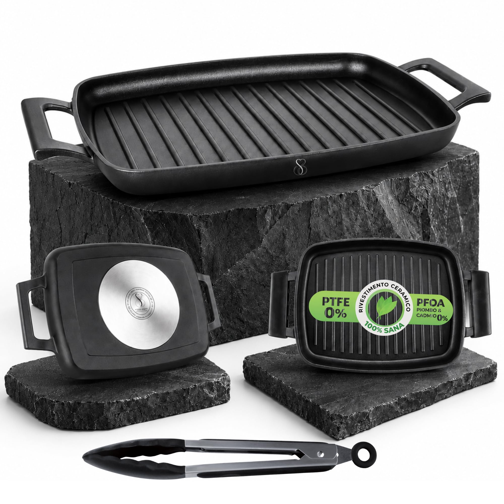 Stone&Stone Plancha Grill Inducción Rectangular 47 cm con Pinza, Plancha BBQ Antiadherente con Revestimiento Cerámico Alemán, Base de Acero Completo, Apta para Gas y Horno, Sin PFAS, PFOA ni PTFE