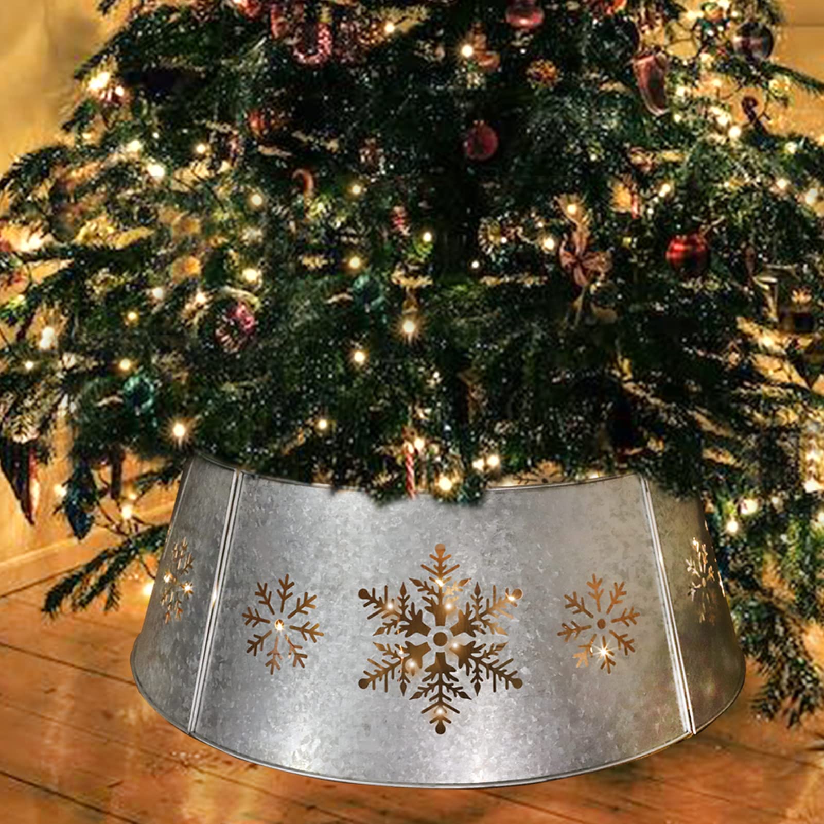 WKHOMEDECO 27" Galvanized Christmas Tree Collar with String Lights