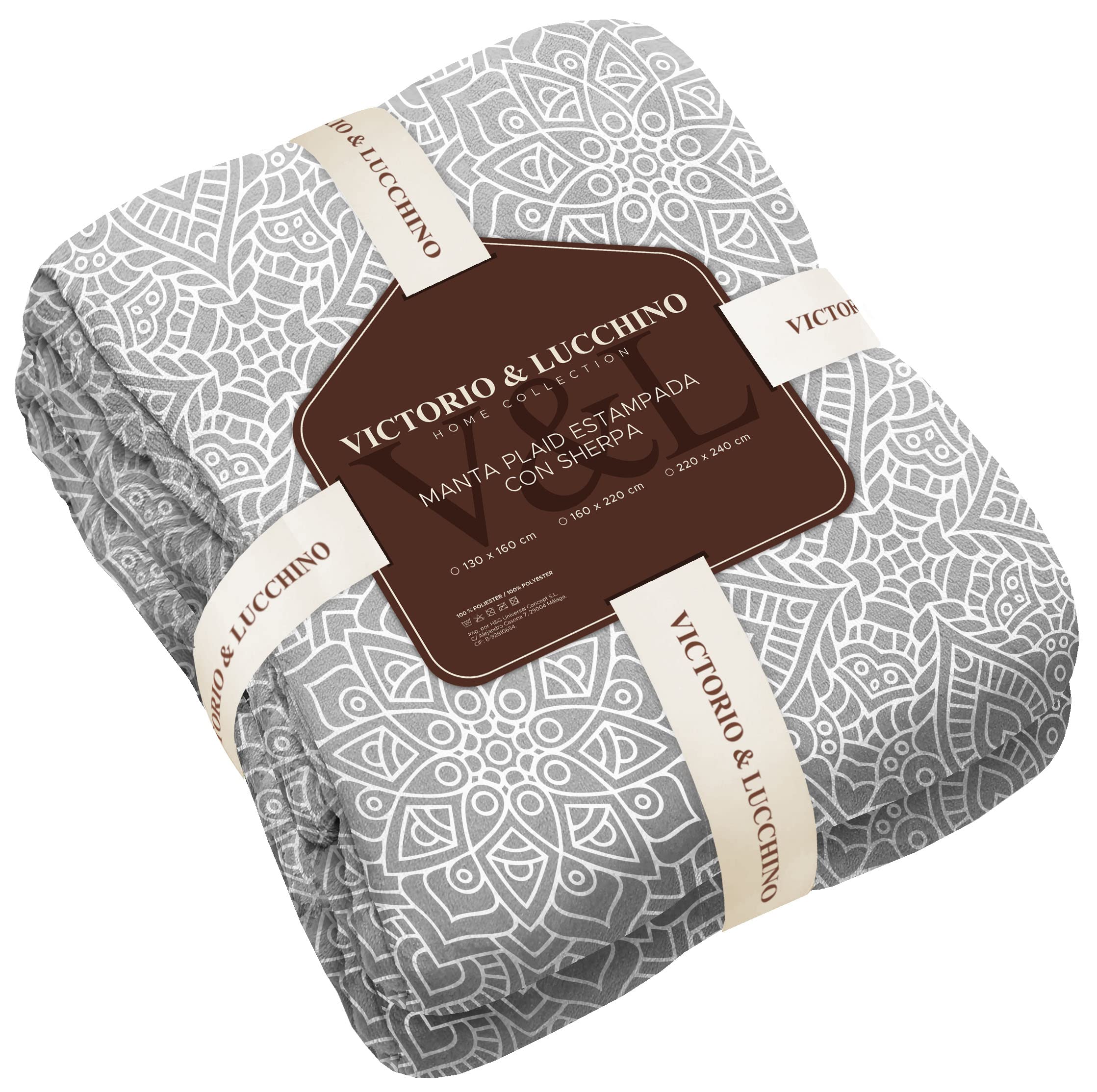 Victorio & Lucchino Manta Plaid Beverly Estampada con Borreguito Sherpa - Manta Suave para el Sofa o para Cama (VL-80513 Gris, 130x160 Cm)