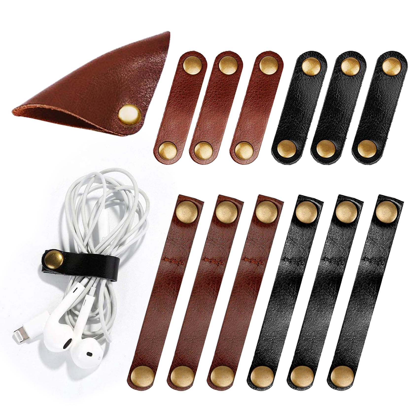 Kanemc Women's Black+Brown 13Pcs Leather Cord Organizer, 3-Sizes Leather Cable Ties Taco Snap On Cord Holders Cord Keepers For Travel, Usb Charging Cable Strap Winder Earphone Wrap, Gifts For Men