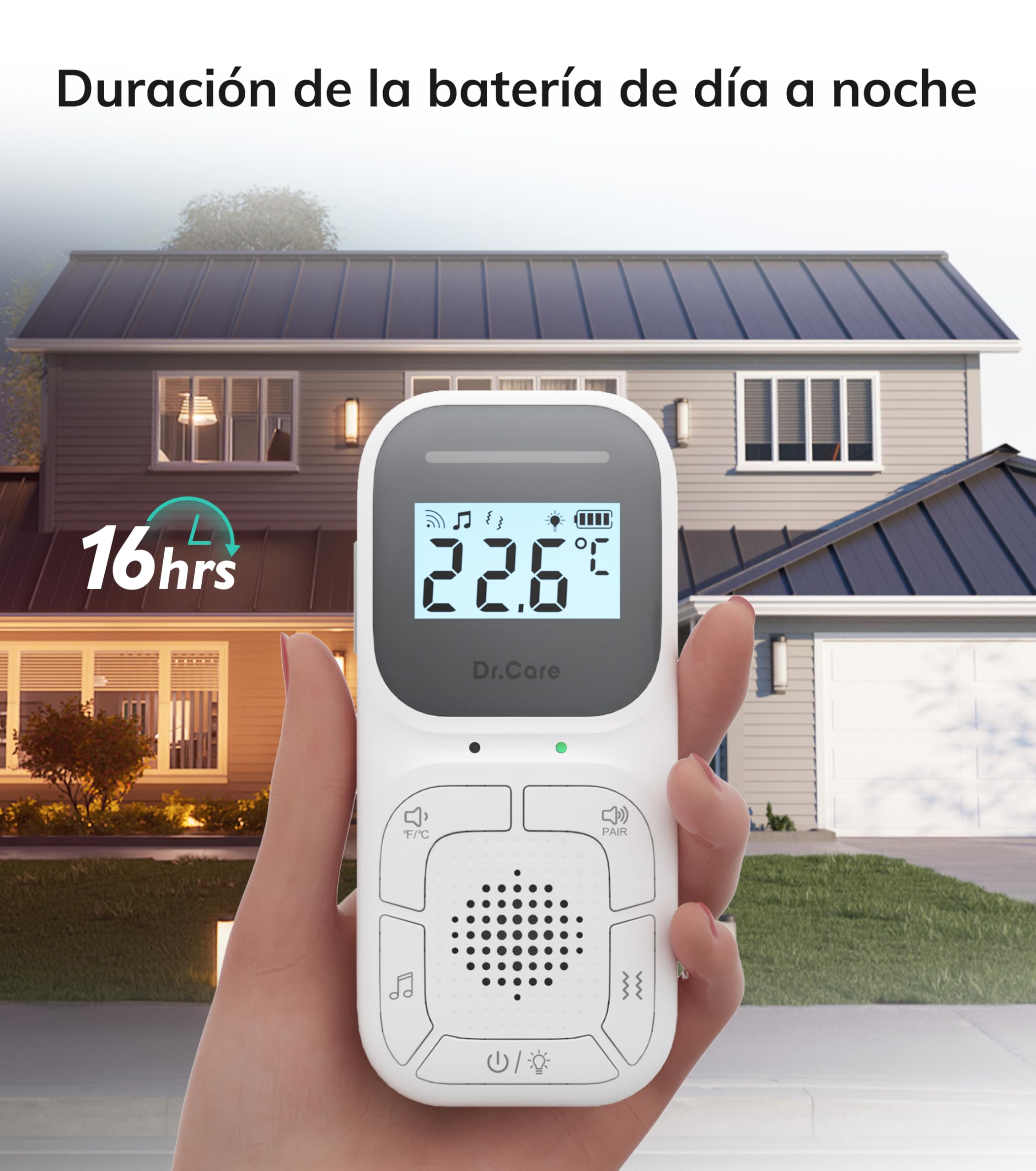 Dr.Care Neo Audio - Monitor de Bebé Preemparejado, Conversación Bidireccional, VOX, Luz Nocturna, Canciones de Cuna, Alerta Vibratoria, Rango 1000 Pies, Altavoz y Micrófono, Clip Portátil, Sin WiFi