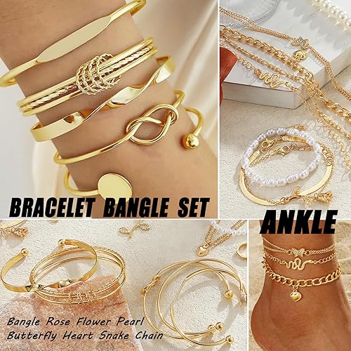 Miniatura 6 de 17IF Juego de 36 joyas doradas con 8 anillos 6 collares 12 pulseras y 10 aretes para mujeres y niñas paquete de joyas de moda para aniversario