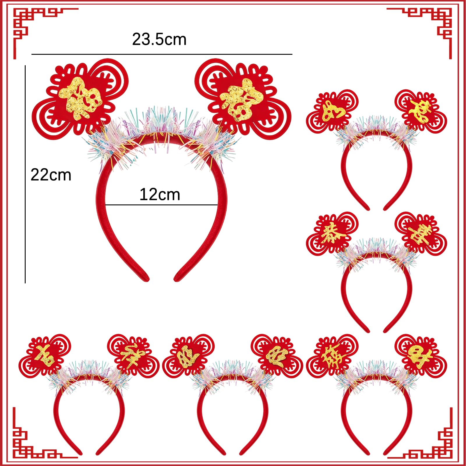 HAICN 6Pieces Chinese New Year Hair Hoops Fun Red Cute Letter Word Headband Celebrate Spring Festivities Hair Hoop for Adult Kids New Years Eve Party Favors - Image 2