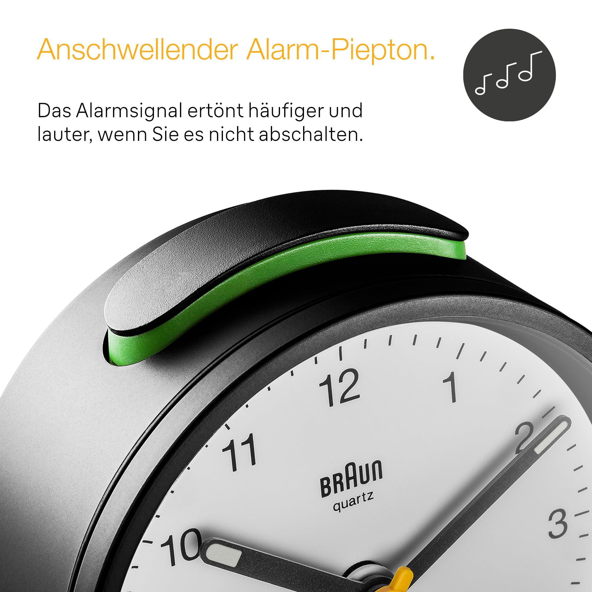 Braun Klassischer analoger Wecker Schlummerfunktion und Licht, ruhiges Quarzuhrwerk, Crescendo-Alarm in Schwarz und Weiß, Modell BC12BW.