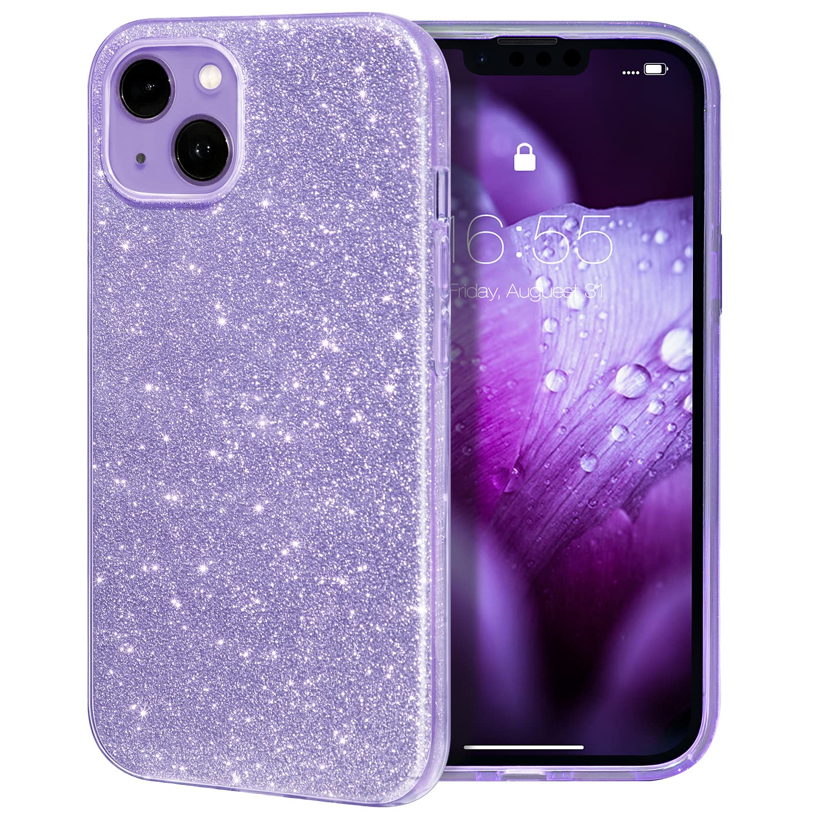 MILPROX Compatible with iPhone 14 Case (2022), Glitter Sparkly Shiny Bling Rubber Gel Shell Cases 3 Layers Shockproof Protective Bumper Cover for iPhone 14/13 - Purple