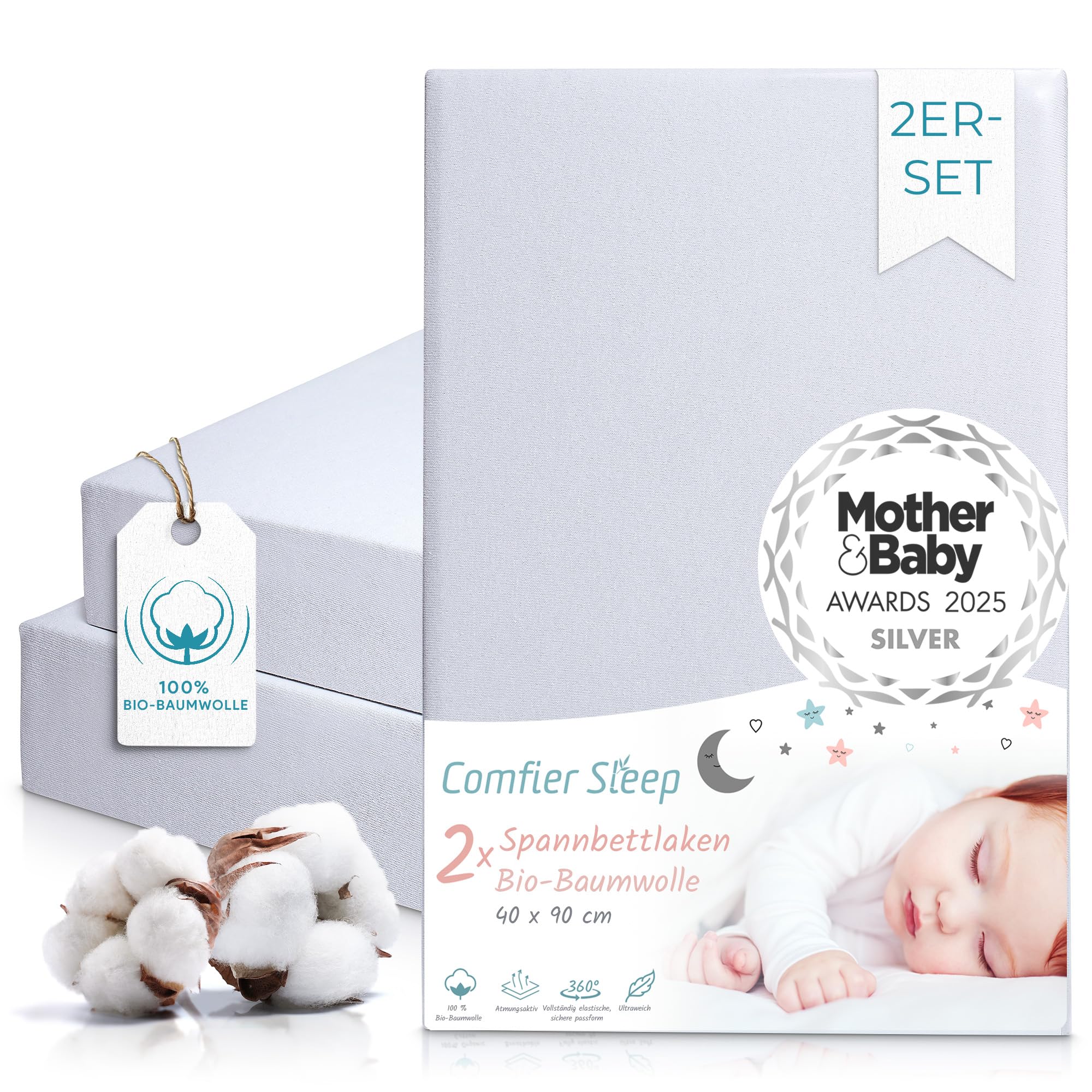 Spannbettlaken Kinderwagen 40x90 Aus 100% Bio-Baumwolle – Waschbar & Ultraweich Grau 2er-Set Spannbettlaken - Für Baby