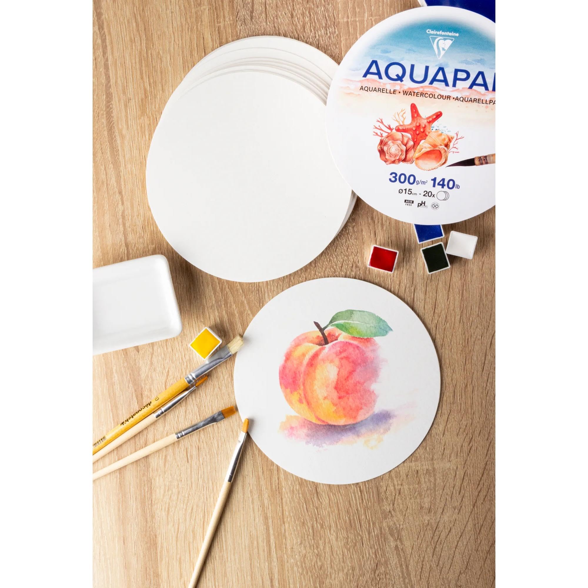 Clairefontaine 976072C Aquapad Fogli Rotondi Confezione Ø15cm 300g - 20 Fogli Carta per acquerello bianca Grana media fine