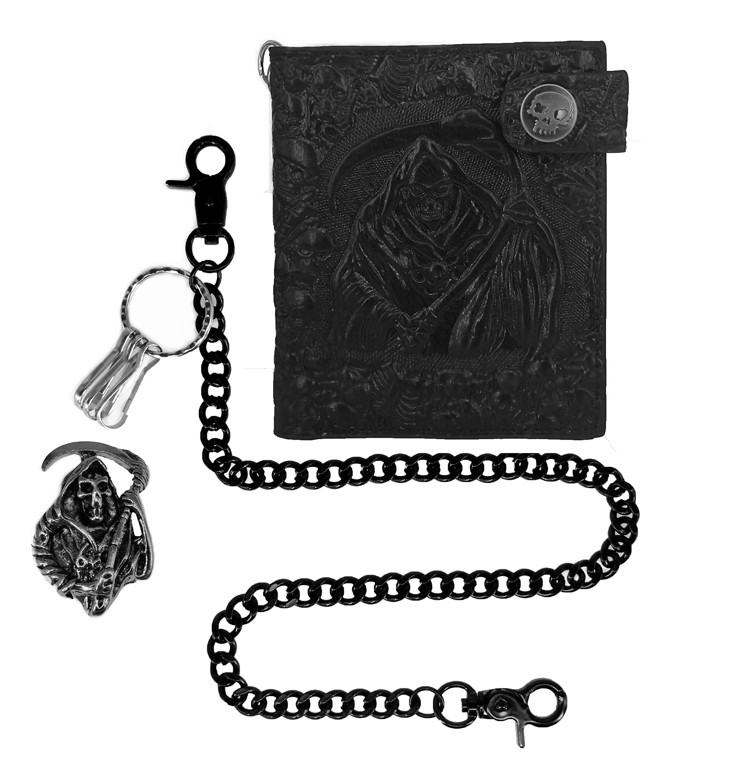 ABC STORY Unisex Punk Gothic Skull Biker Wallet with Stainless Chain Trucker Wallet Bifold