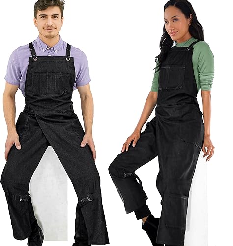 Vista 8 de Under NY Sky Delantal de alfarería Beige - Cubierta completa con espalda cruzada, mezclilla duradera, refuerzo de cuero, pierna dividida superpuesta