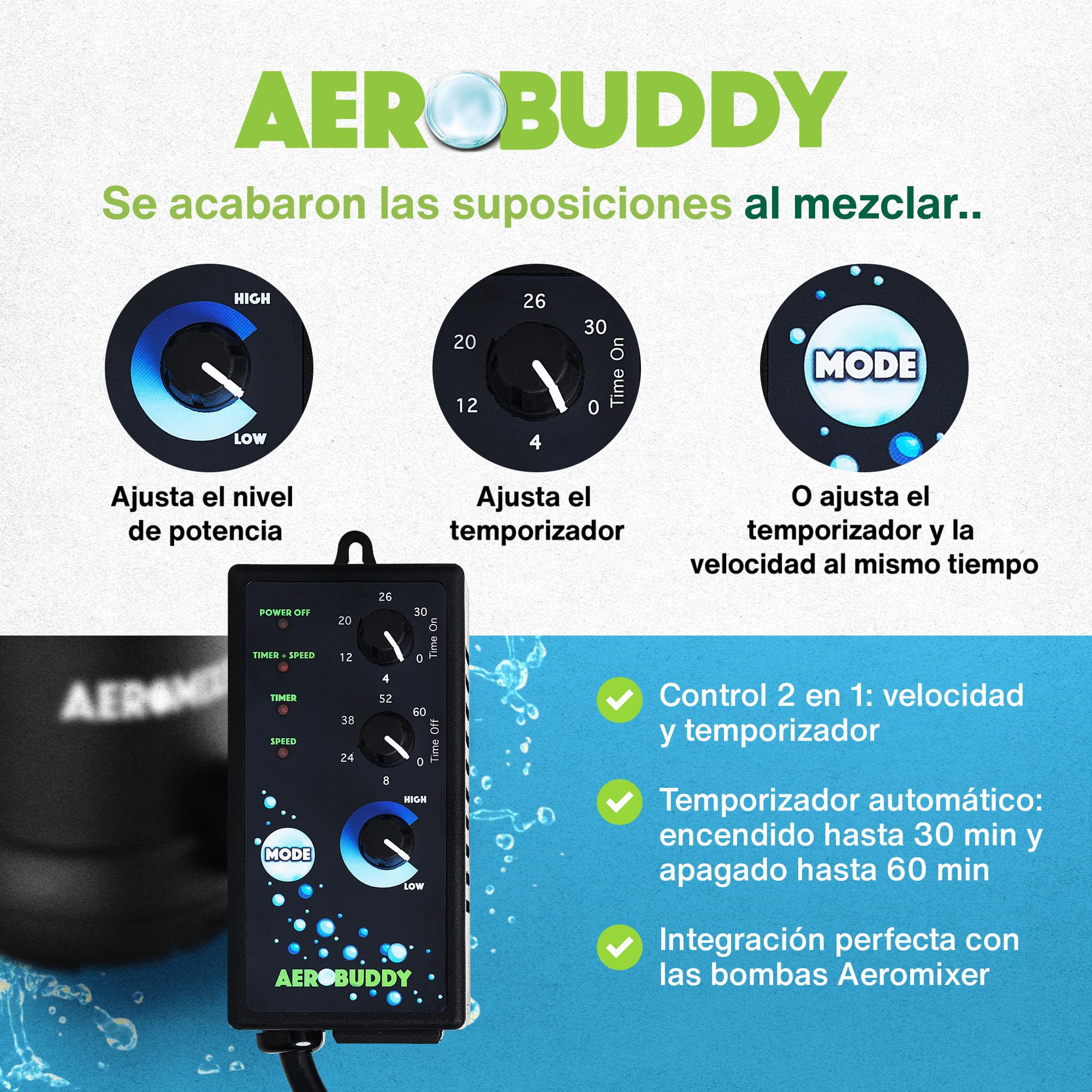 AEROMIXER Aerobuddy EU Zeitschaltuhr Steckdose mit Intervallsteuerung & Drehzahlregler für Pumpen – Steckdosentimer zur Pumpensteuerung von Misch- und Belüftungszyklen in Gartenbau & Landwirtschaft