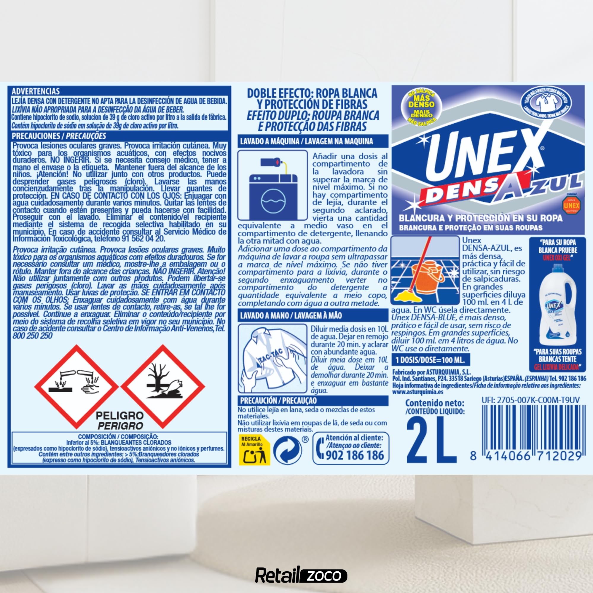 Lejía Densa Azul, ideal para blanquear y desodorizar ropa y superficies del hogar como suelos, azulejos, baños y cocinas, evitando salpicaduras y desinfectando a fondo, Contiene 1 botella de 2 Litros