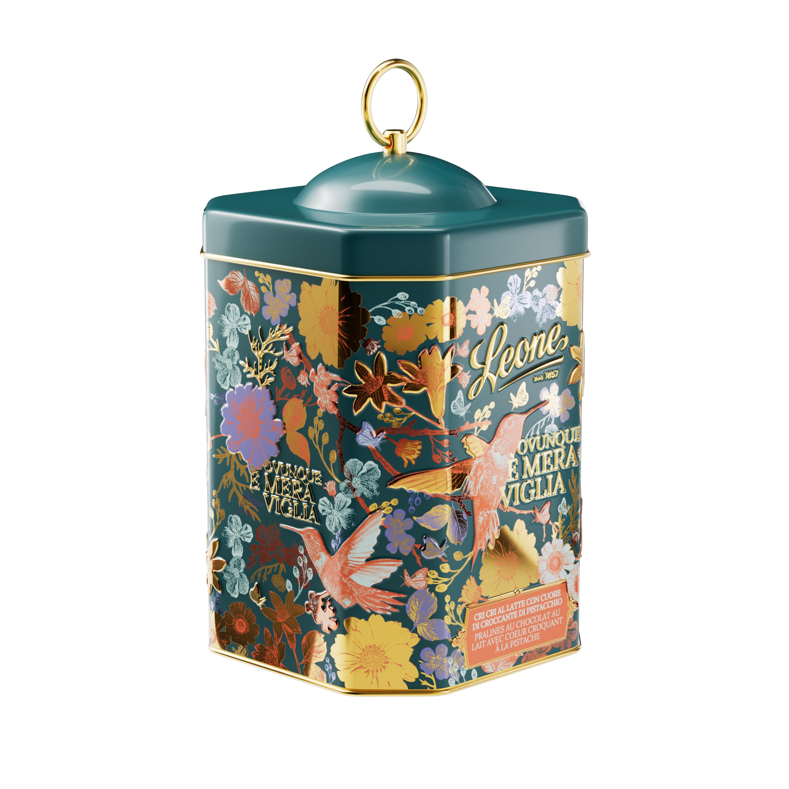 Leone dal 1857 - Latta Cri Cri Torinesi - Cioccolatini Leone al Gusto Pistacchio Misti latte e fondente - Praline di Cioccolato al Pistacchio Assortiti - Latta Lanterna Colibrì - Senza Glutine - 350g