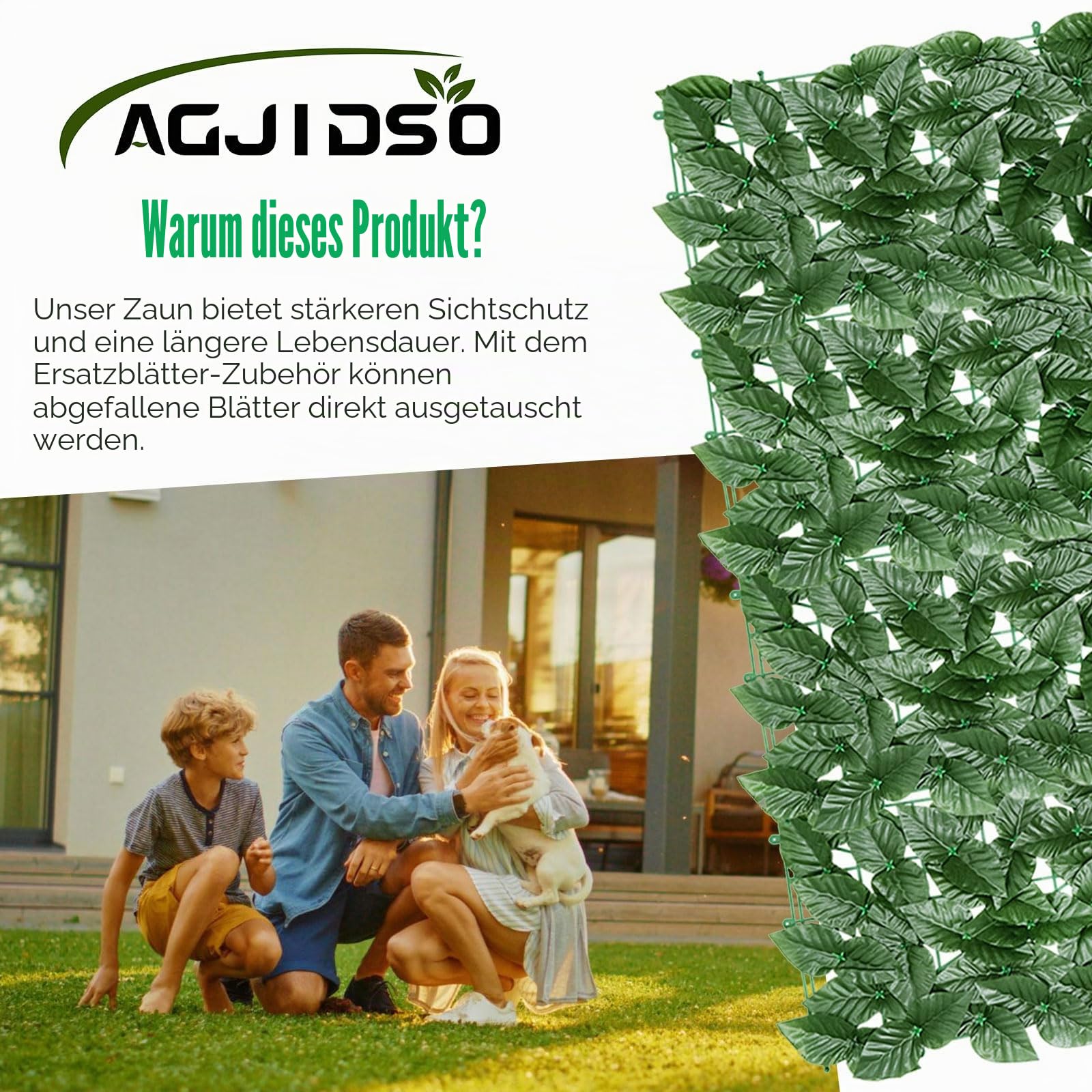 Künstlicher Efeu-Zaun, 3 m x 1 m (2 x 3 x 0,5 m) künstliche Hecken, Sichtschutzzaun für Garten, Balkon, Außenbereich (verbesserte Apfelblätter)