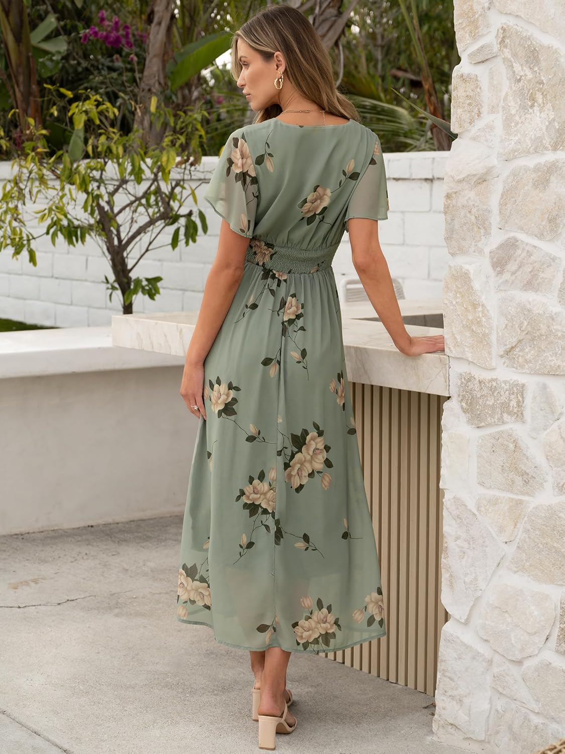 ANRABESS Womens Summer Floral Maxi Dress Casual V Neck Short Sleeve Chiffon Boho Flowy Beach 2026 Wedding Guest Long Dresses - Image 5