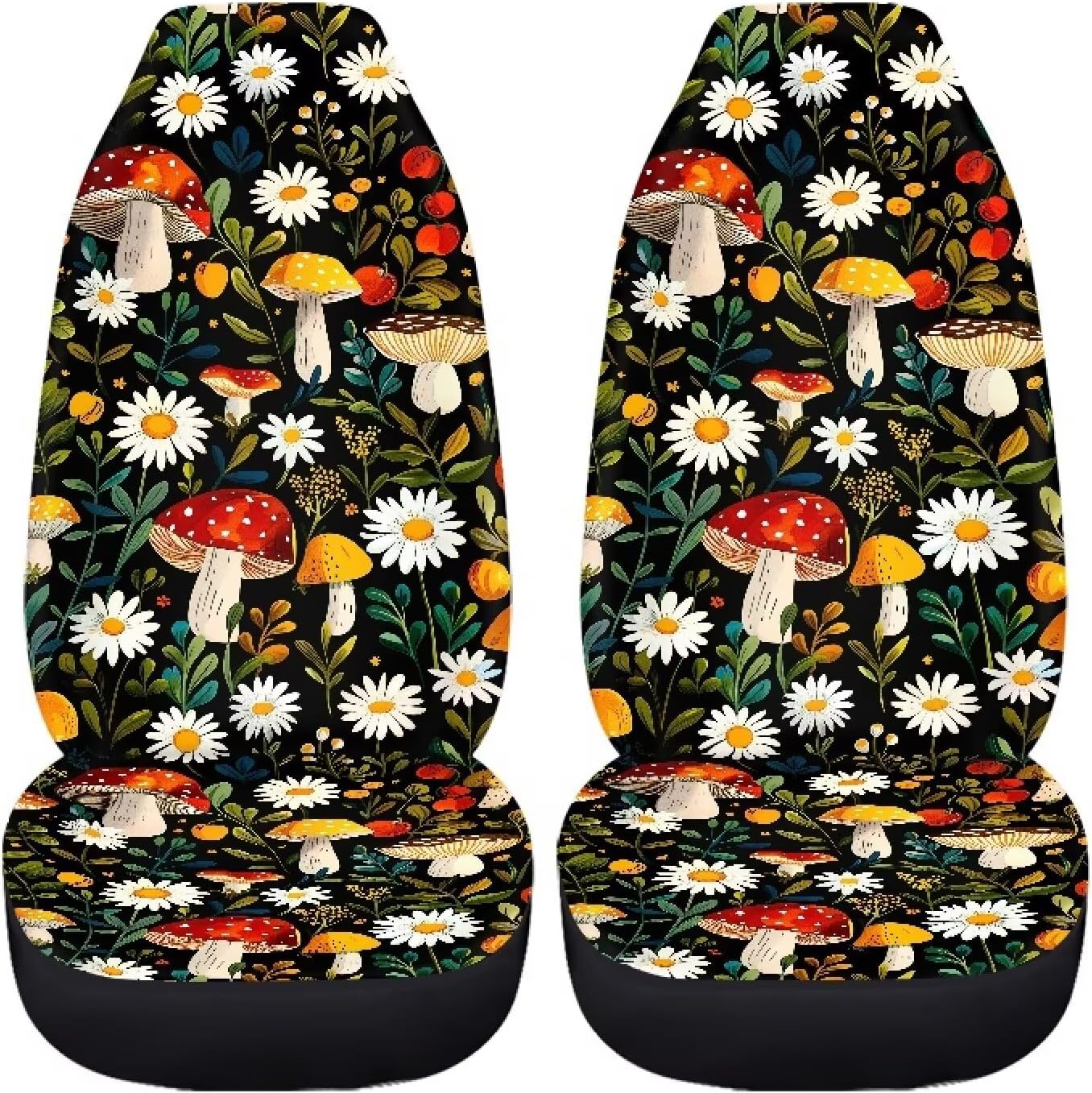 2 Piece Car Seat Covers Automotive Front Seat Cover Retro Mushroom Daisy Flower Print Vehicle Seat Protector Interior Accessories for Front Seats Universal Fit Most Car Sedan Van Truck