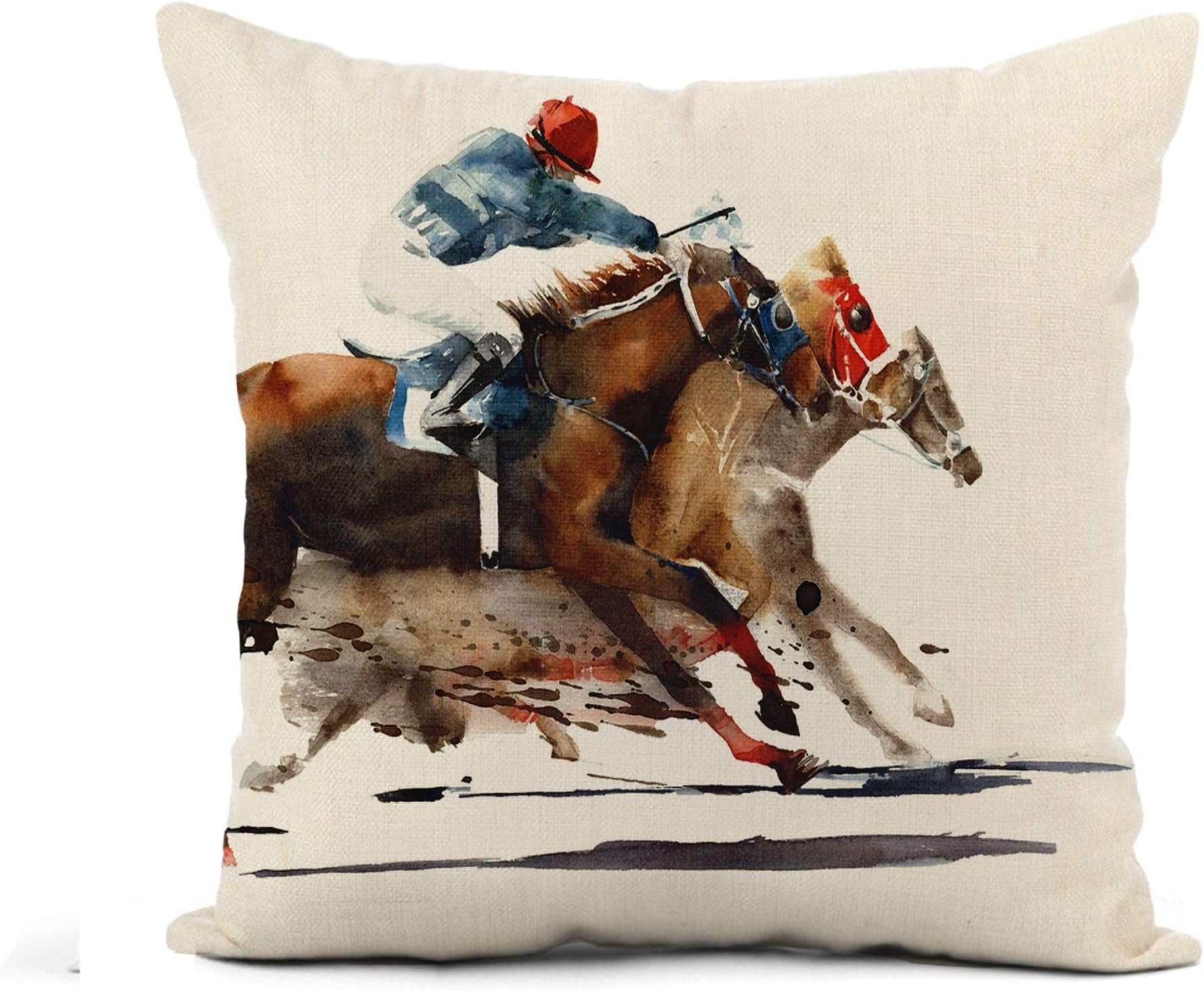 AwoweeFlax Throw Pillow Cover Painting Horse Race Competition Derby Racing Horses Jockeys Watercolor 20x20 Inches Pillowcase Home Decor Square Cotton Linen Pillow Case Cushion Cover