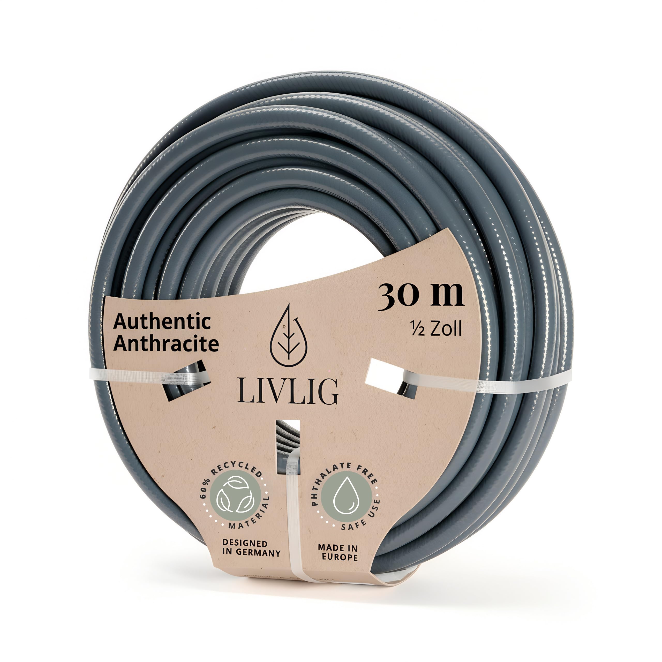 LIVLIG Gartenschlauch 30m, flexibler Premium Wasserschlauch aus 60 Prozent Recyclingmaterial, UV beständig, knickfest, Design Gartenschlauch 1/2 Zoll in Anthrazit