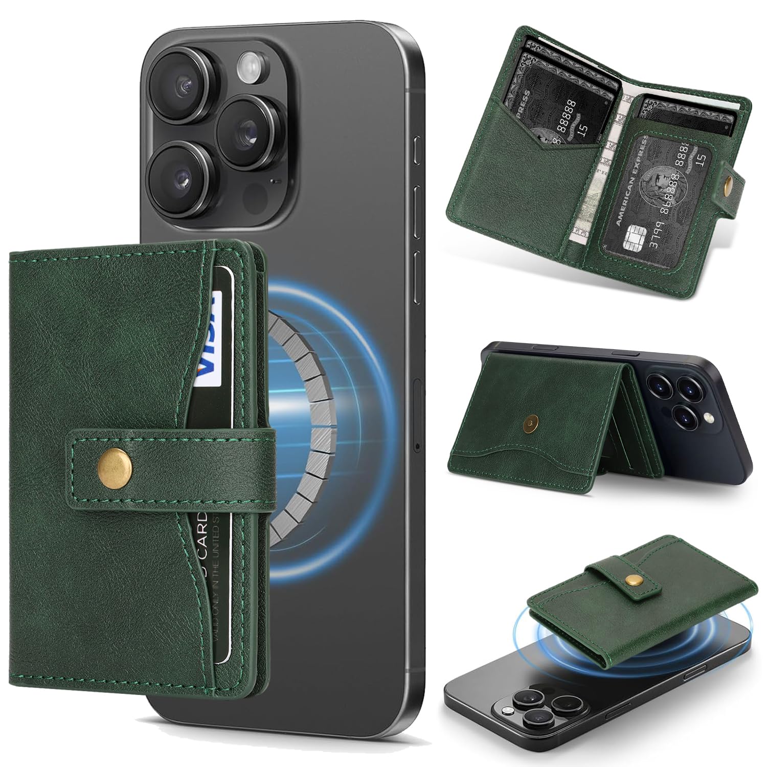Compatible with MagSafe wallet card holders,premium leather,strong magnetic,stand function,6 standard card slots,fits iPhone17/16/15/14series and all magnetic cases (Green)-image-17