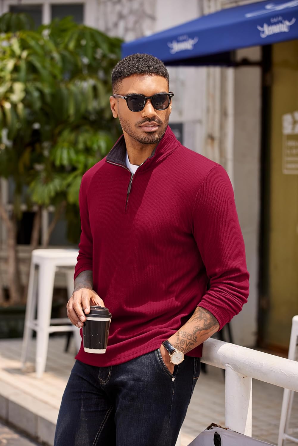 COOFANDY Mens Quarter Zip Pullover Lightweight Sweater Casual Long Sleeve Corduroy Half Zip Sweatshirt - Image 2