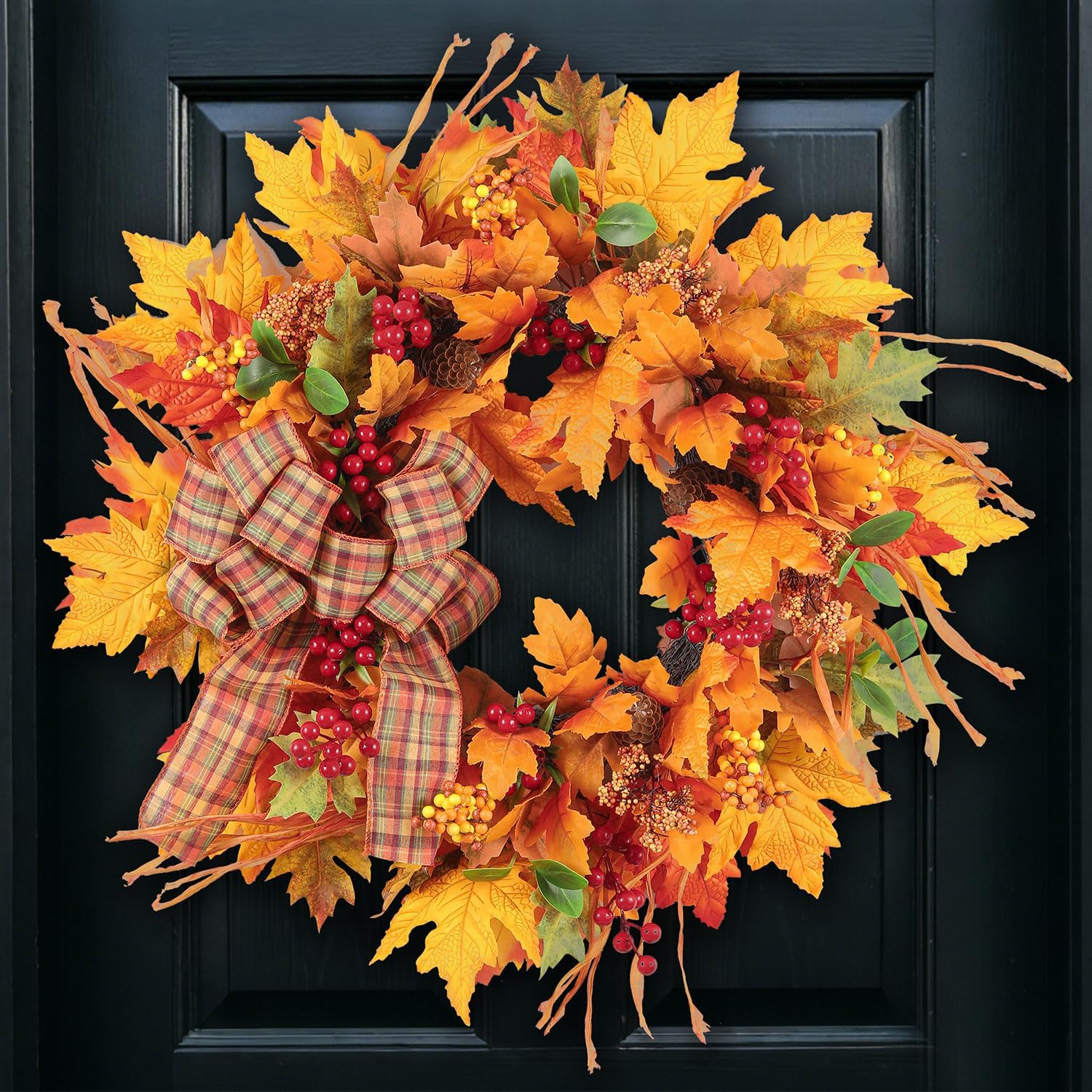 26 Inch Harvest Fall Wreaths for Front Door Outside with Bow | Handmade Autumn Wreath with Maple Leaves,Pine Cones,Red Berries-Indoor Outdoor Thanksgiving Halloween Farmhouse Wall Decor