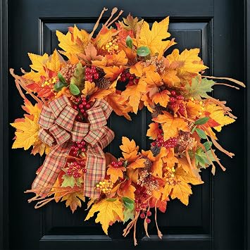 26 Inch Harvest Fall Wreaths for Front Door Outside with Bow | Handmade Autumn Wreath with Maple Leaves,Pine Cones,Red Berries-Indoor Outdoor Thanksgiving Halloween Farmhouse Wall Decor