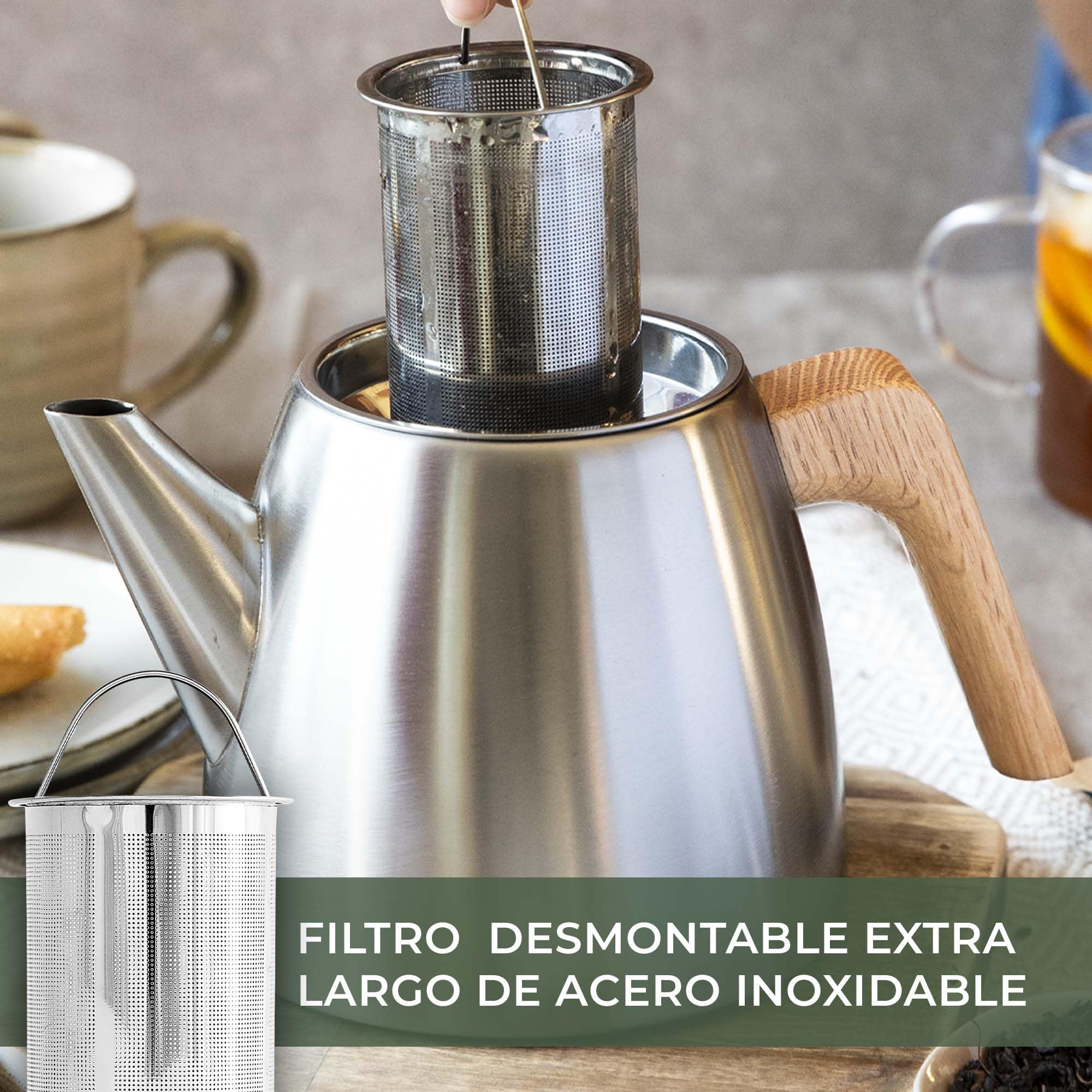 WALDWERK Tetera con colador (1,1 L) – térmica de doble pared – Tetera con filtro de acero inoxidable 304 – con asas de madera de roble macizo – 100% antigoteo