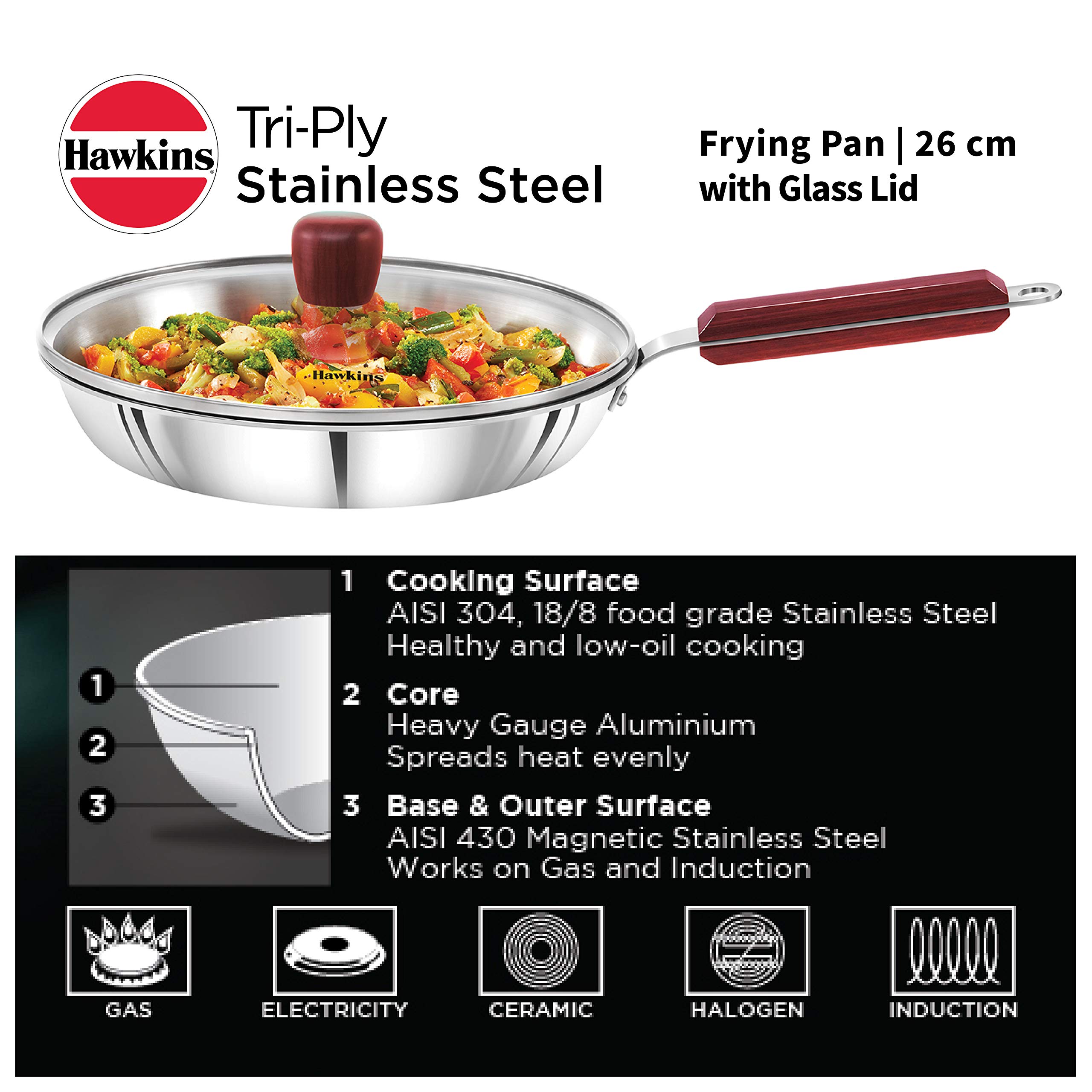 Hawkins Tri-Ply Stainless Steel Induction Compatible Frying Pan with Glass Lid, Diameter 26 cm, Thickness 3 mm & Futura Hard Anodised Tadka Pan/Spice Heating Pan, Capacity 0.48 Litre, Diameter 12 cm 1