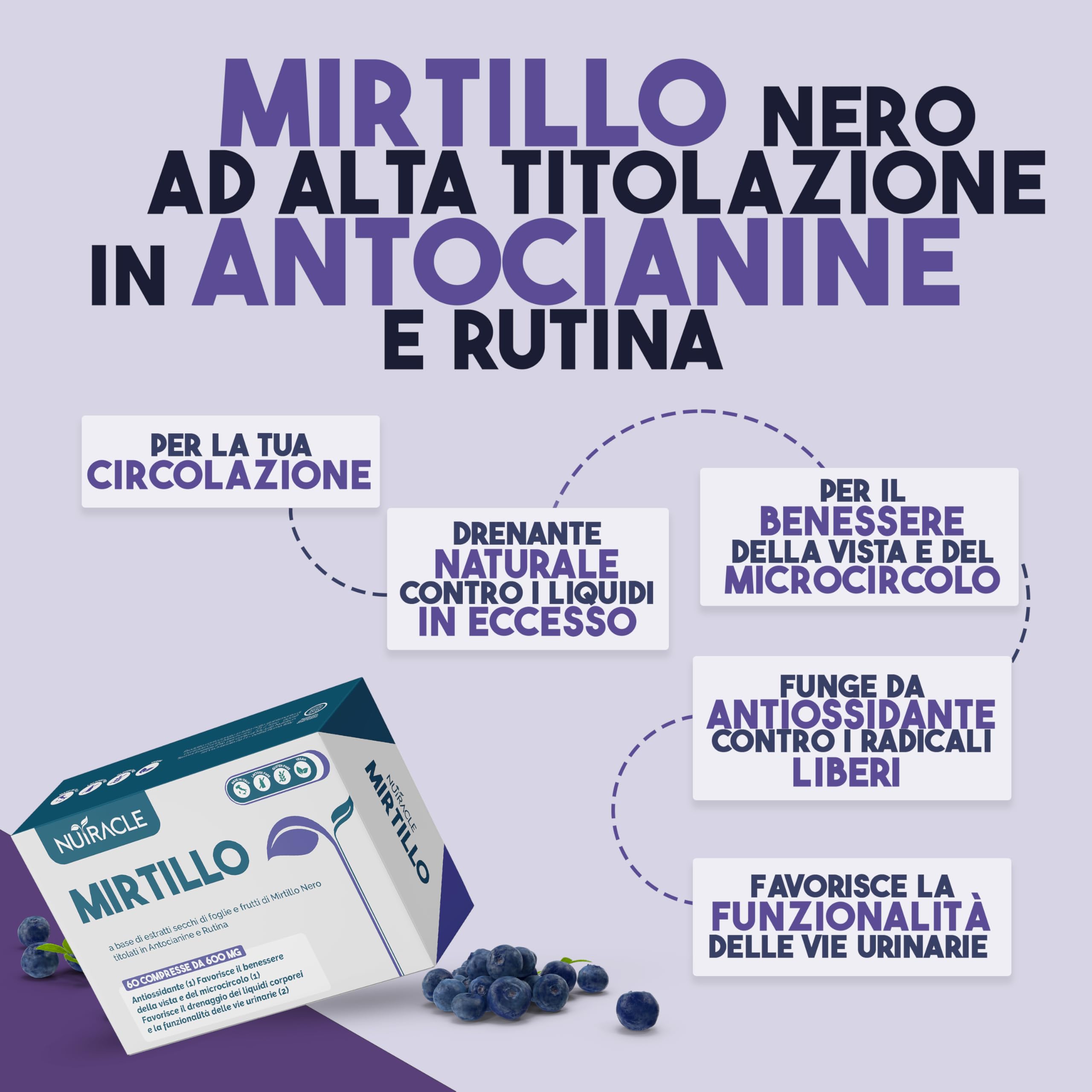 Nutracle Mirtillo nero 60 compresse da 600mg | Integratore Microcircolo Gambe, Capillari, Vene Occhi e Vista | Drenante per Circolazione Titolato in Antocianine e Rutina (60 compresse (1 Confezione))