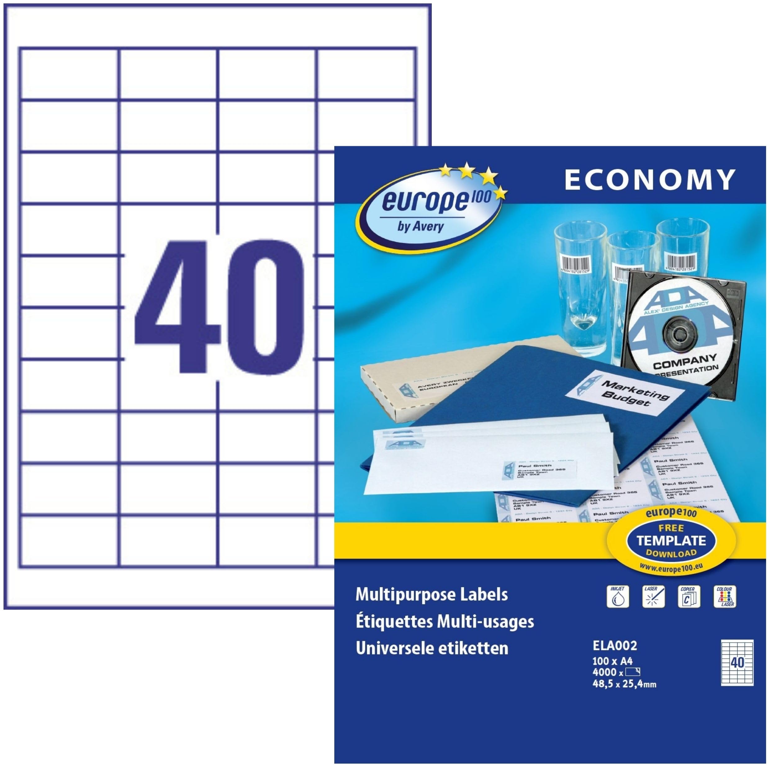 Europe 100 Étiquettes Multi-​Usages Autocollantes Blanches 48,​5 x 25,​4 mm - 4000 Pièces - Impression Laser, Jet d'Encre et Copieur