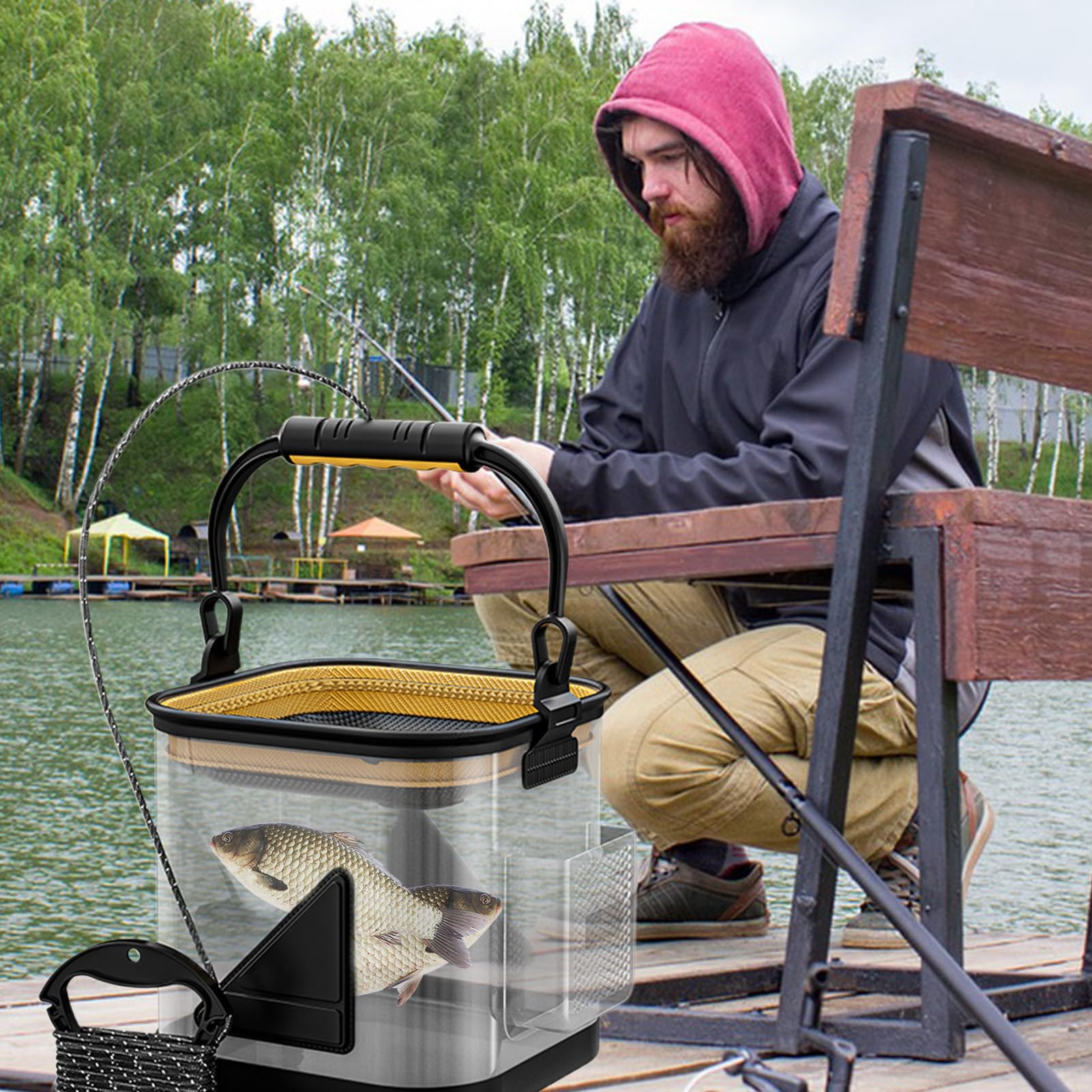 Seau À Vifs | Seau de Pêche Transparent - Panier à Poisson Pliable en EVA, Accessoires de Pêche Portables pour Camping, Randonnée, Lacs, Rivières et Eau Salée