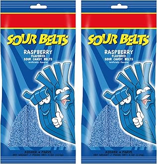 Raspberry Sour Belts - Vibrant & Tangy Blue Raspberry Sour Strips - Non GMO, Vegan & Kosher Blue Raspberry Sour Candy - 4 Ounce, 2 Pack