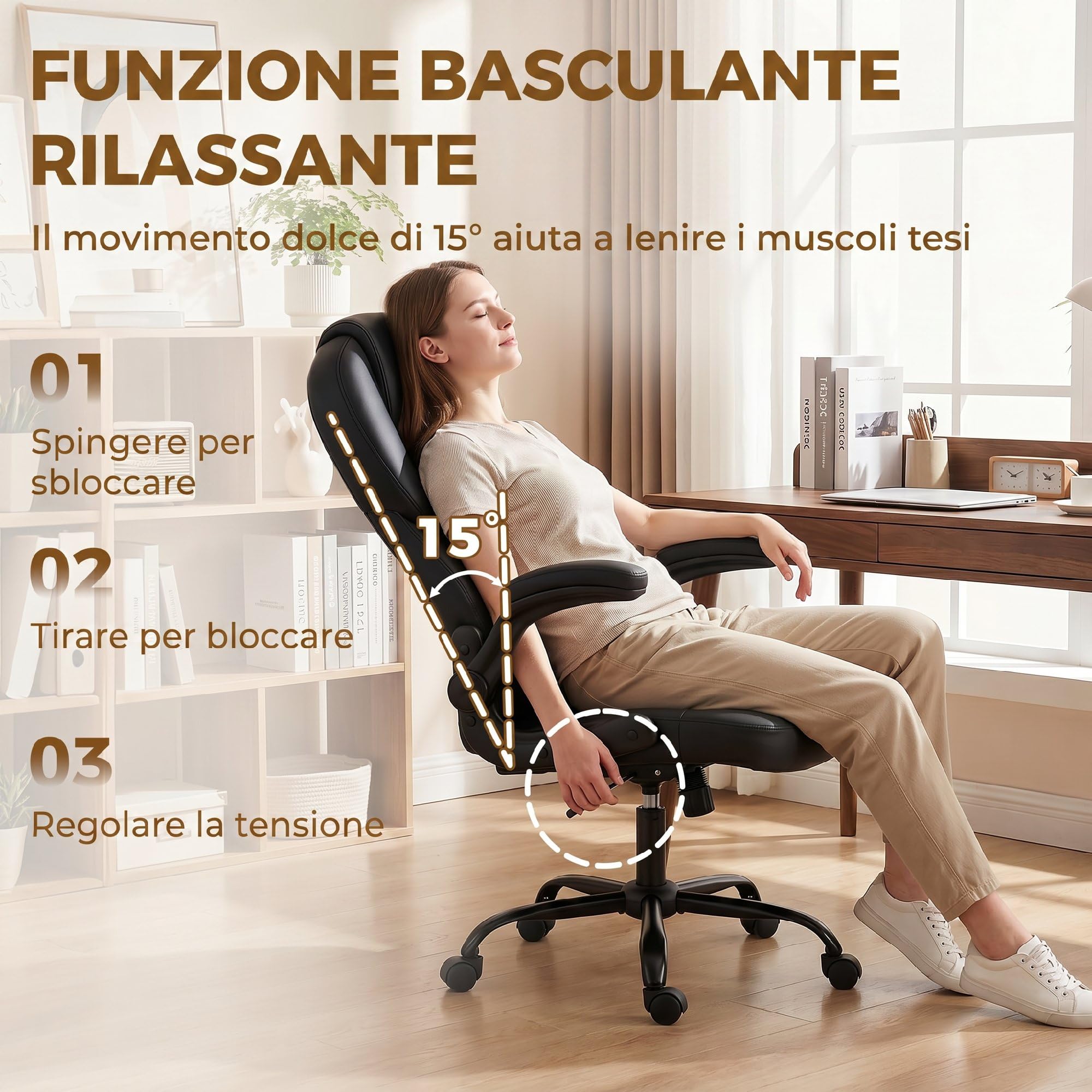HOMCOM Sedia da Ufficio Ergonomica, Braccioli Ribaltabili Imbottiti, Nero | Schienale Curvato Alto Traspirante, Sedia Scrivania Imbottita Girevole in Pelle PU, Funzione Dondolo, Altezza Regolabile