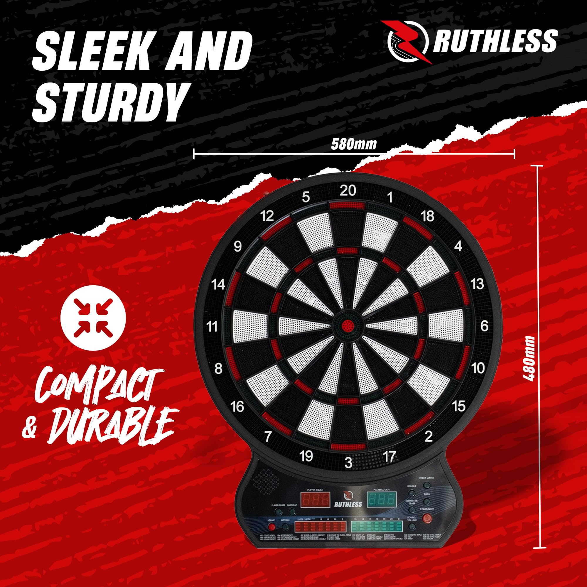 Ruthless R600 Cible de fléchettes électronique Pointe souple 4 jeux 8 joueurs 27 jeux