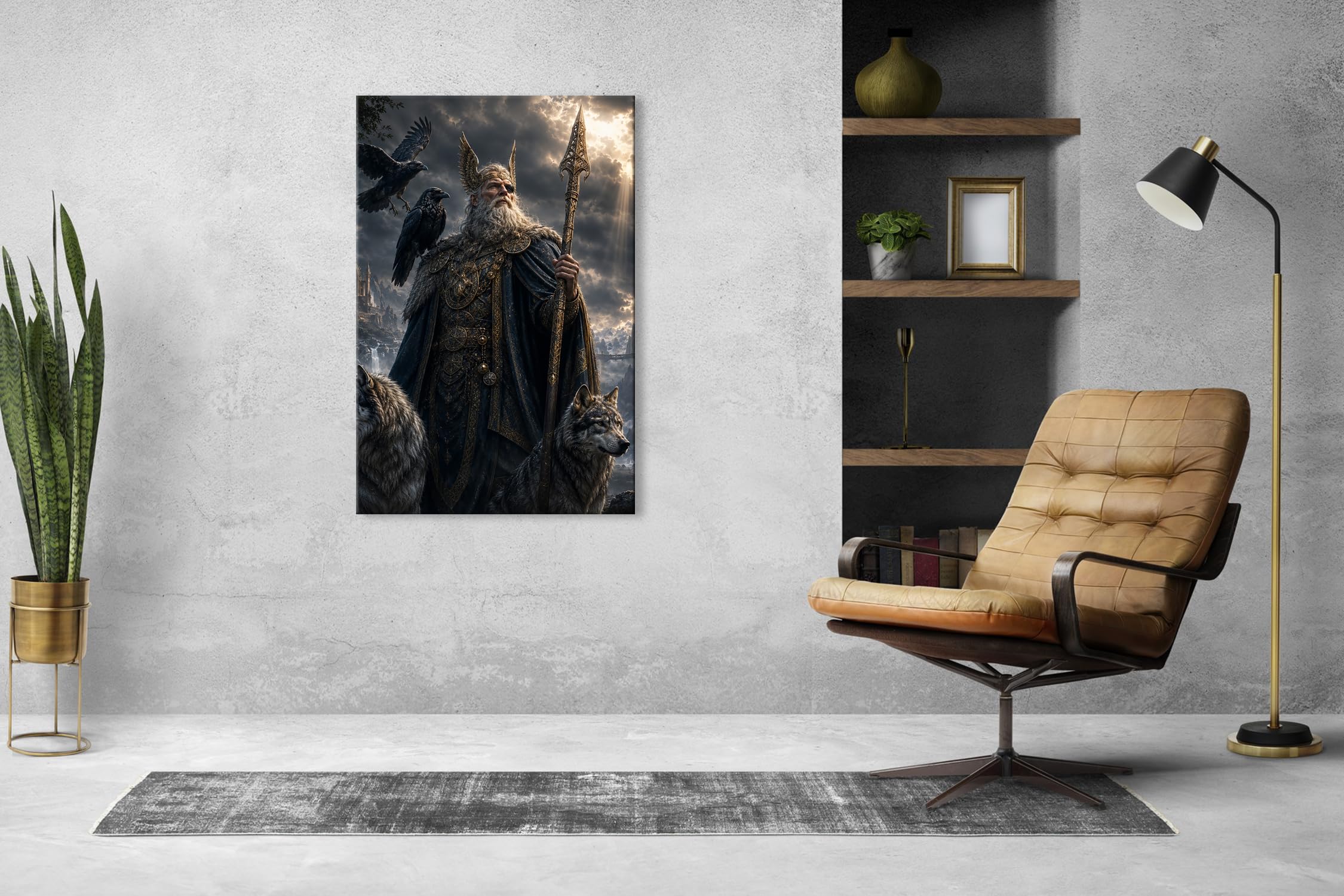Farbenhorizont Leinwandbild Weiser Odin mit Raben und Wölfen vor mystischer Festung Format: 120x80cm XXL Wandbild auf Keilrahmen/Kunstdruck/Bild Wohnzimmer Dekoration