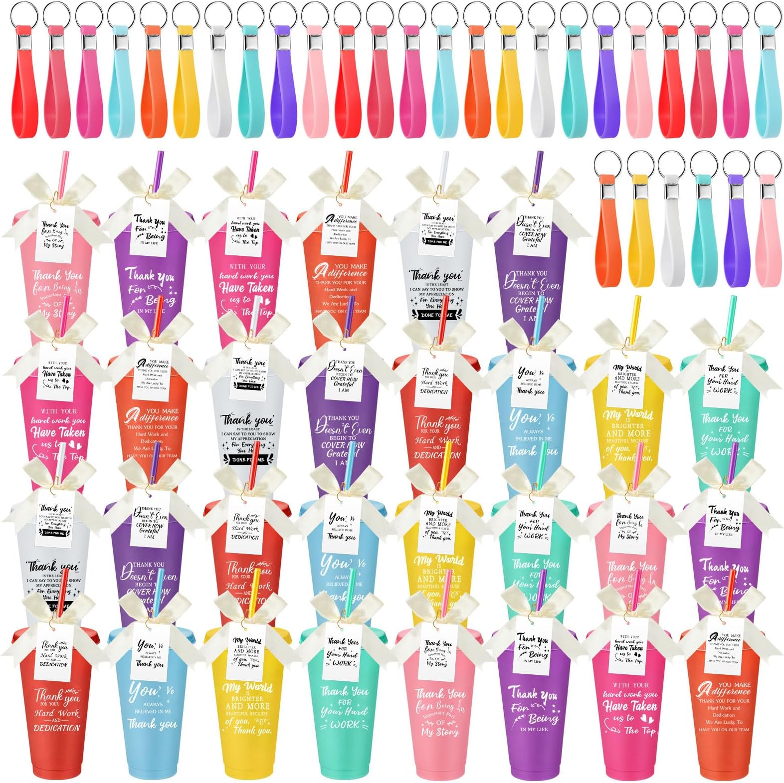 30 Sets Employee Appreciation Gift Bulk, 24 oz Plastic Tumbler with Lid and Straw, Reusable Coffee Cups Favor, with Keychain Bowknot Card(Grateful)