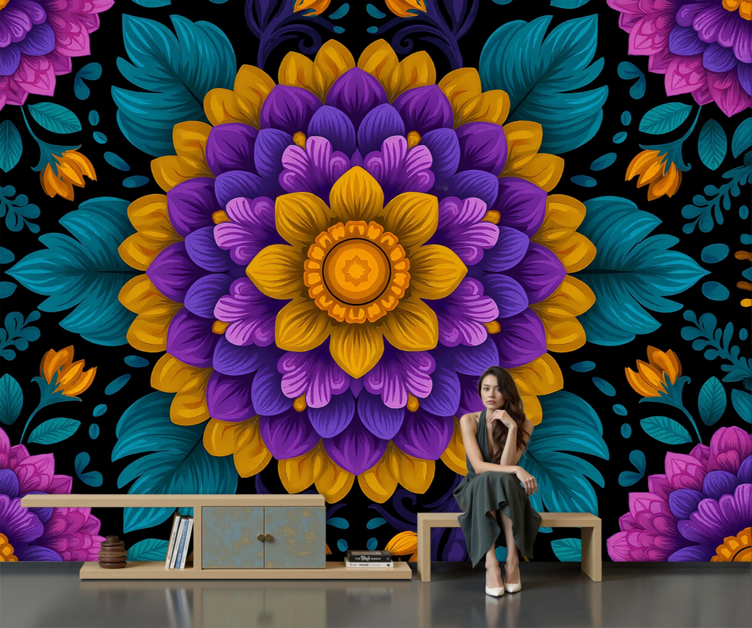 Papier peint mural fleur bohème violette panoramique haut de gamme