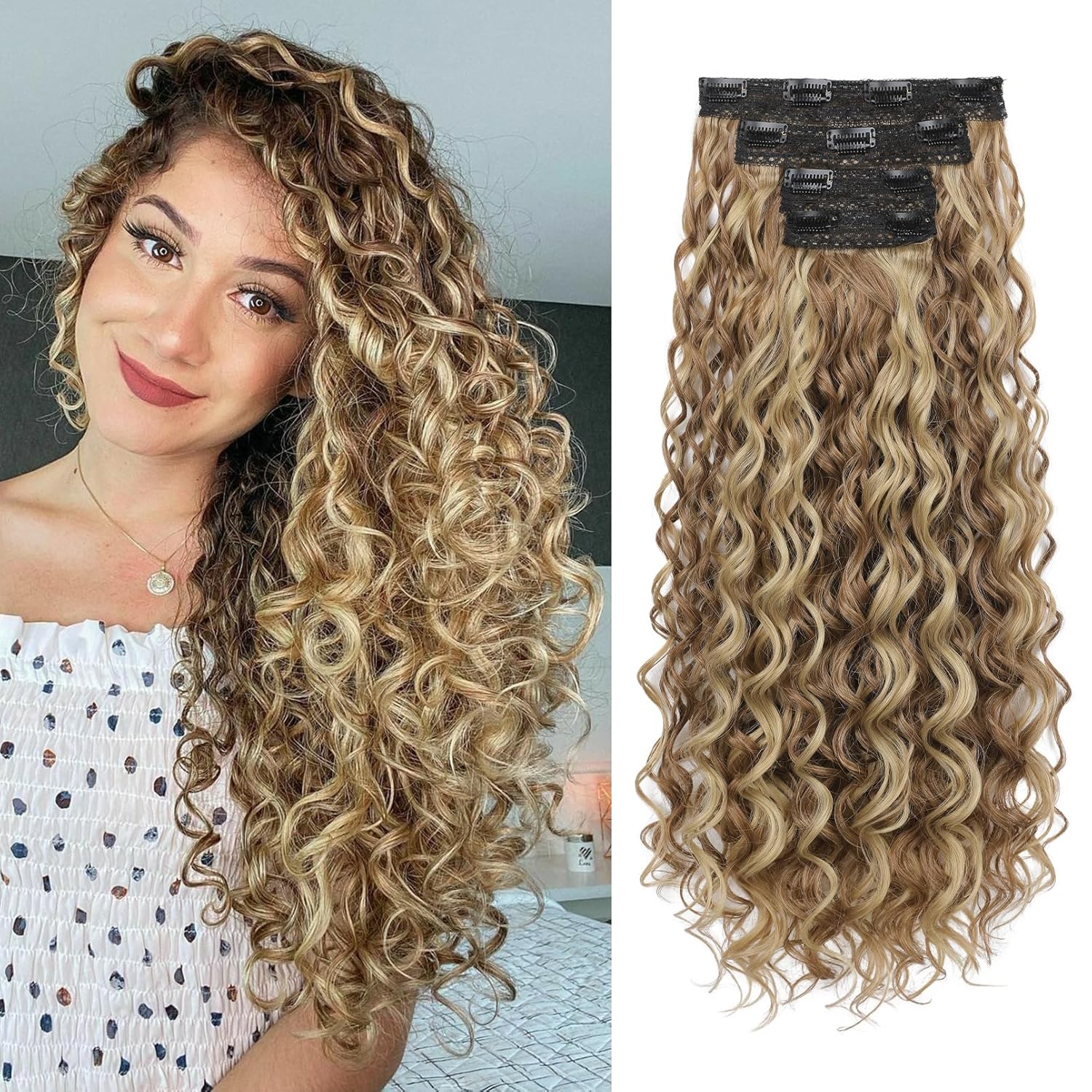 REECHO Curly Clip in Hair Extensions, 4PCS 24 inch Long Hair Extensions Clip ins Lace Weft Natural Hairpieces for Women Daily, Light Brown with Blonde Highlights