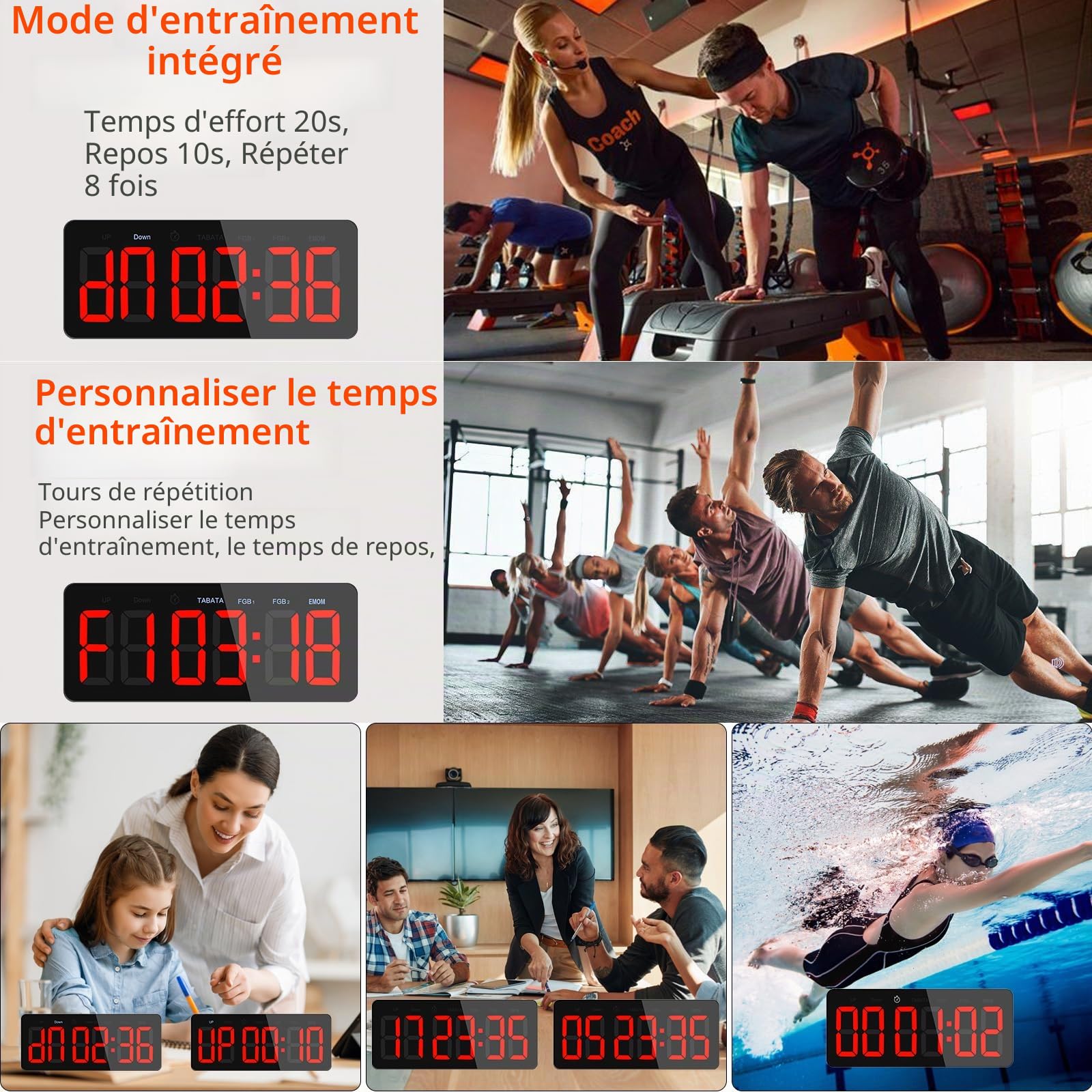 Timer Sport Fitness Grand Minuteur D'intervalle LED de Gym Chronomètre | Count Up, Count Down, Horloge, TABATA, HIIT