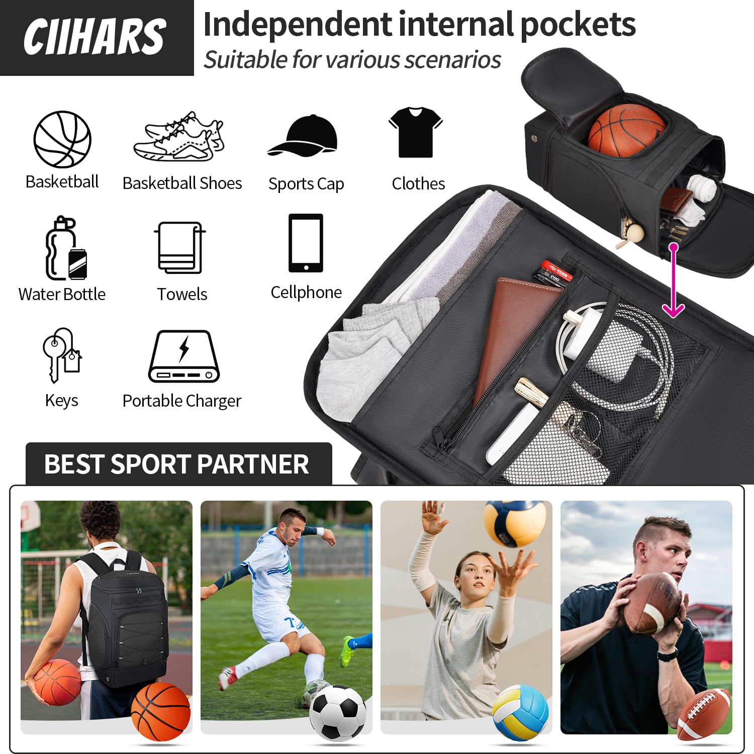 Basketball-Rucksack, große Sporttasche mit separatem Ballhalter und Schuhfach, ideal für Basketball, Fußball, Volleyball, Fitnessstudio