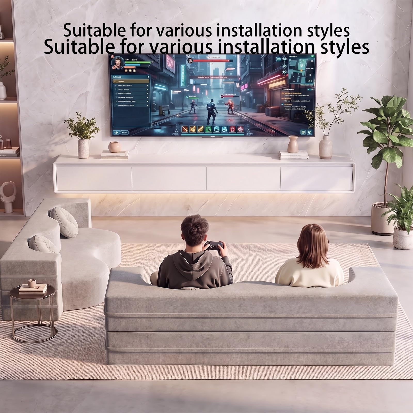 Mueble de TV de Madera Maciza,Mueble de TV Flotante, Mueble Bajo de Pared para TV, Adecuado para el Salón y el Dormitorio,Blanco 240CM-LED