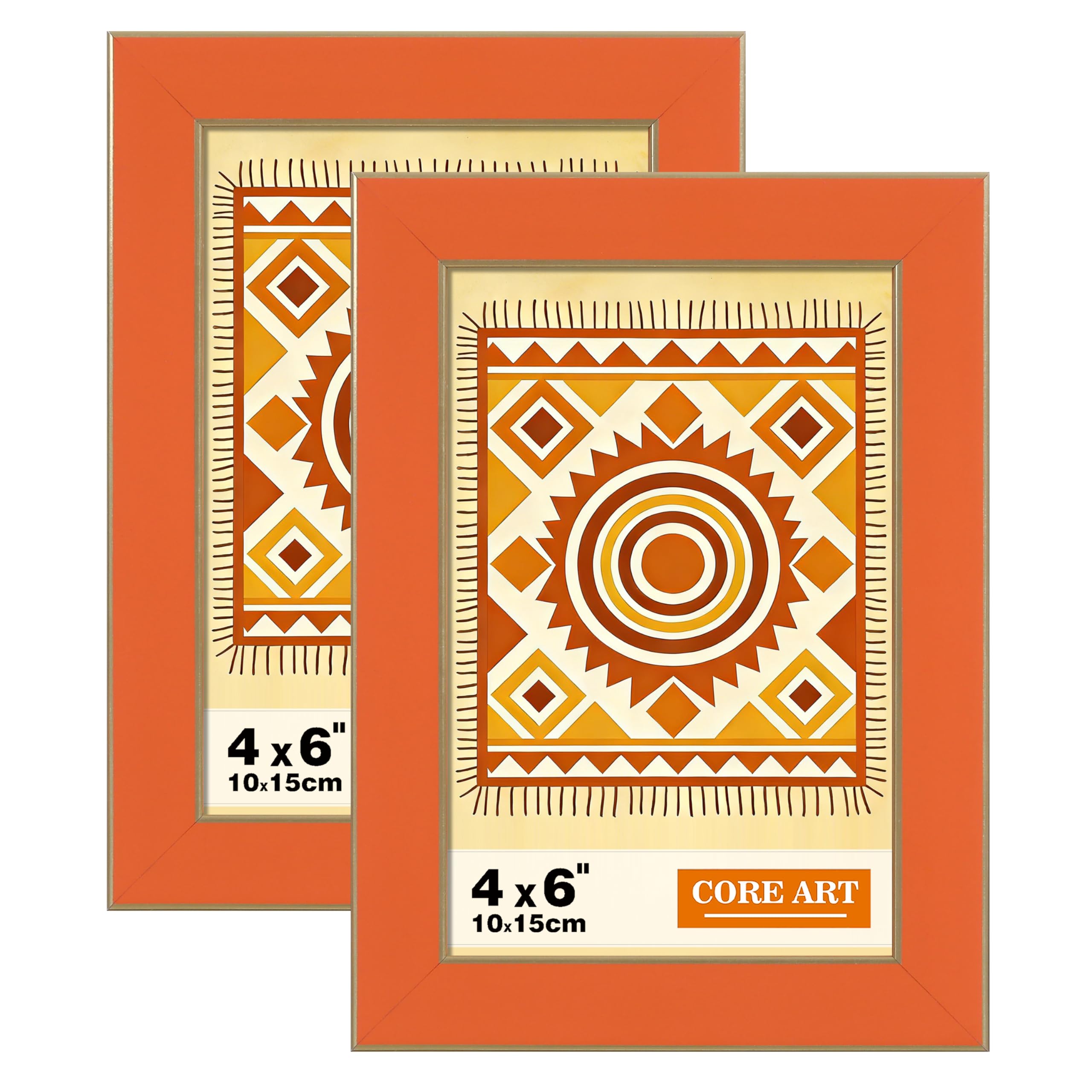 CORE ART 4x6 Picture Frames，Orange Photo Frames Set of 2，4 by 6 Colorful Frame with HD Plexiglass, Wall or Tabletop Display