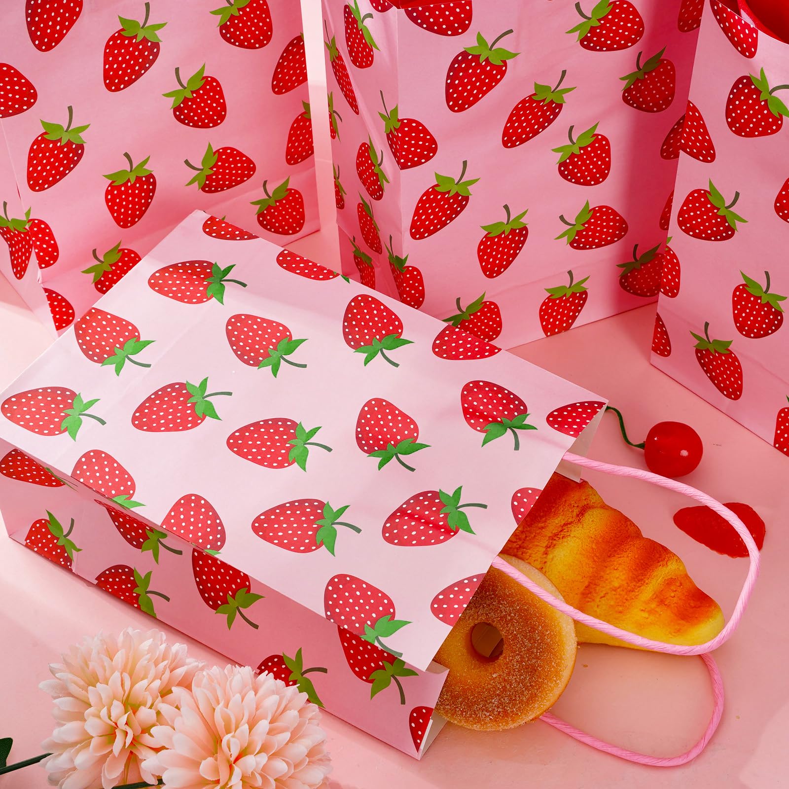 Whaline 16 Pcs Strawberry Party Favor Bags with 20 Sheets Red Tissue Paper Pink Paper Gift Bags with Handles Fruit Goodie Treat Bag for Sweet One Birthday Baby Shower Party Supplies