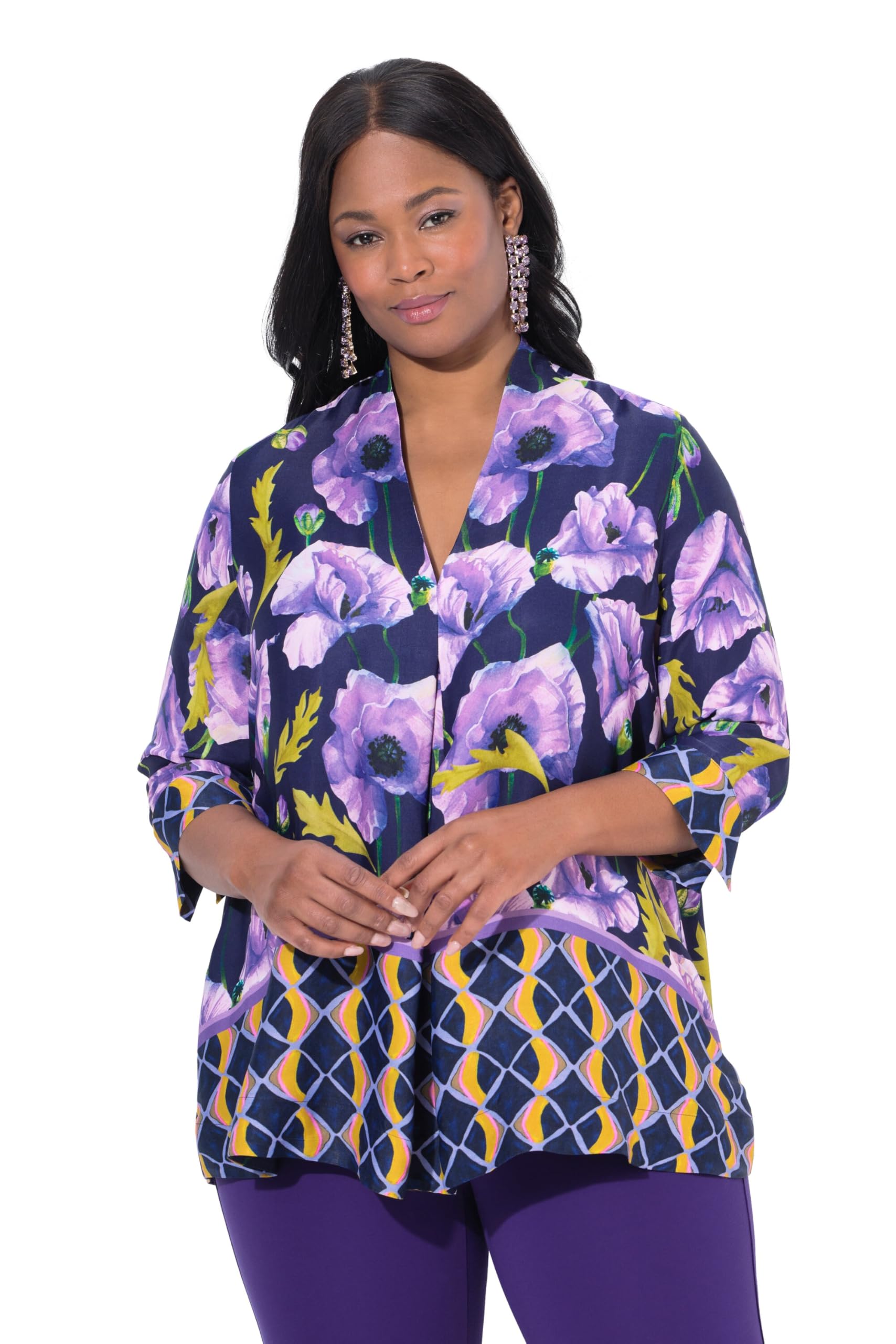 Ulla Popken Damen große Größen Übergrößen Plus Size Tunika, Blüten, A-Linie, Kelchkragen, 3/4-Arm 842993