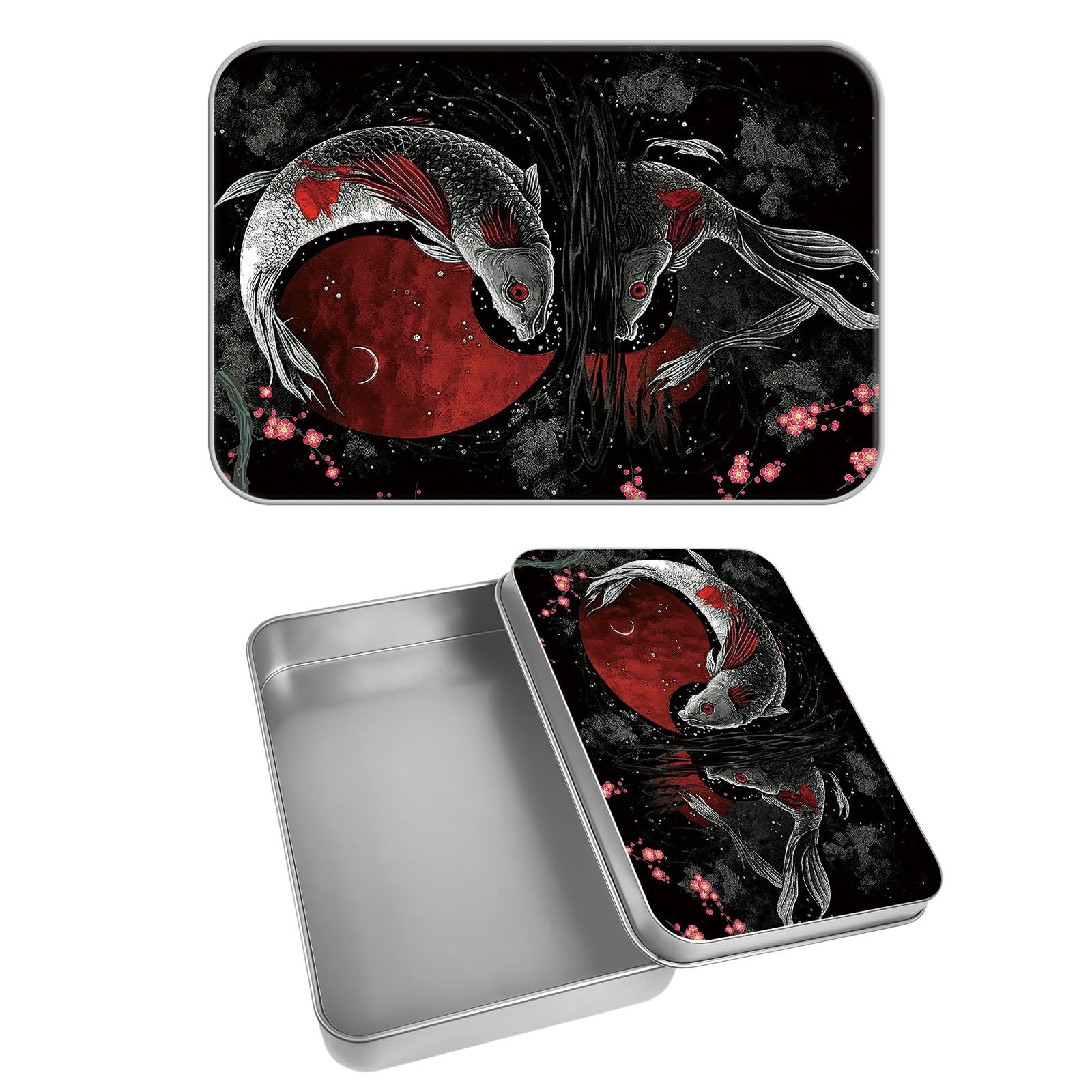Rectangular Metal Tin Box with Removable Lid, Japanese Koi Fish Decorative Printed Metal Storage Container for Cards, Diaries, Home Organization 4.53 x 3.35 x 0.86 inch– Single Pack
