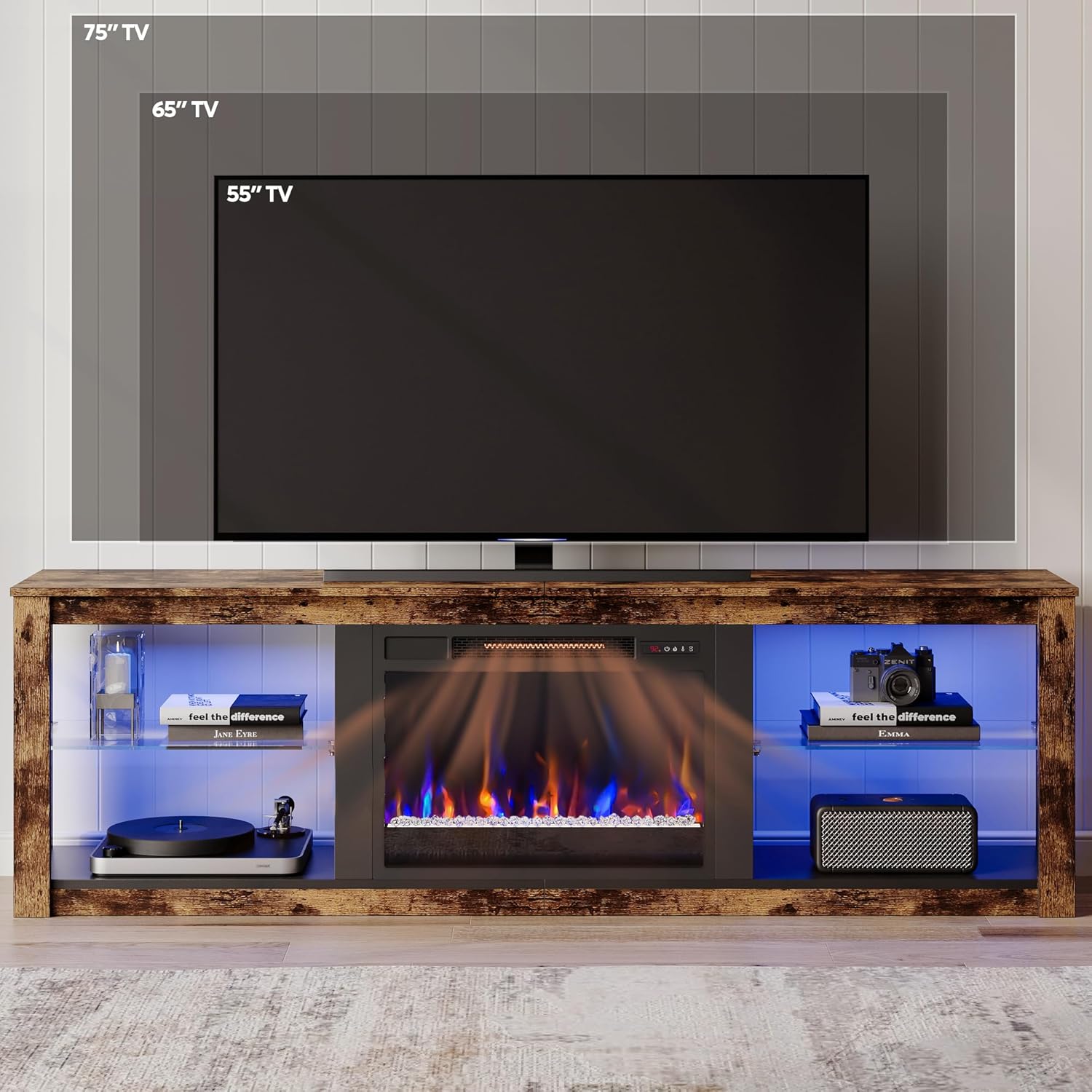 Bestier 70 Inch Fireplace TV Stand for TV up to 75", LED Entertainment Center with 23" Electric Fireplace Media Console Table for Living Room with Glass Shelves, Rustic Brown